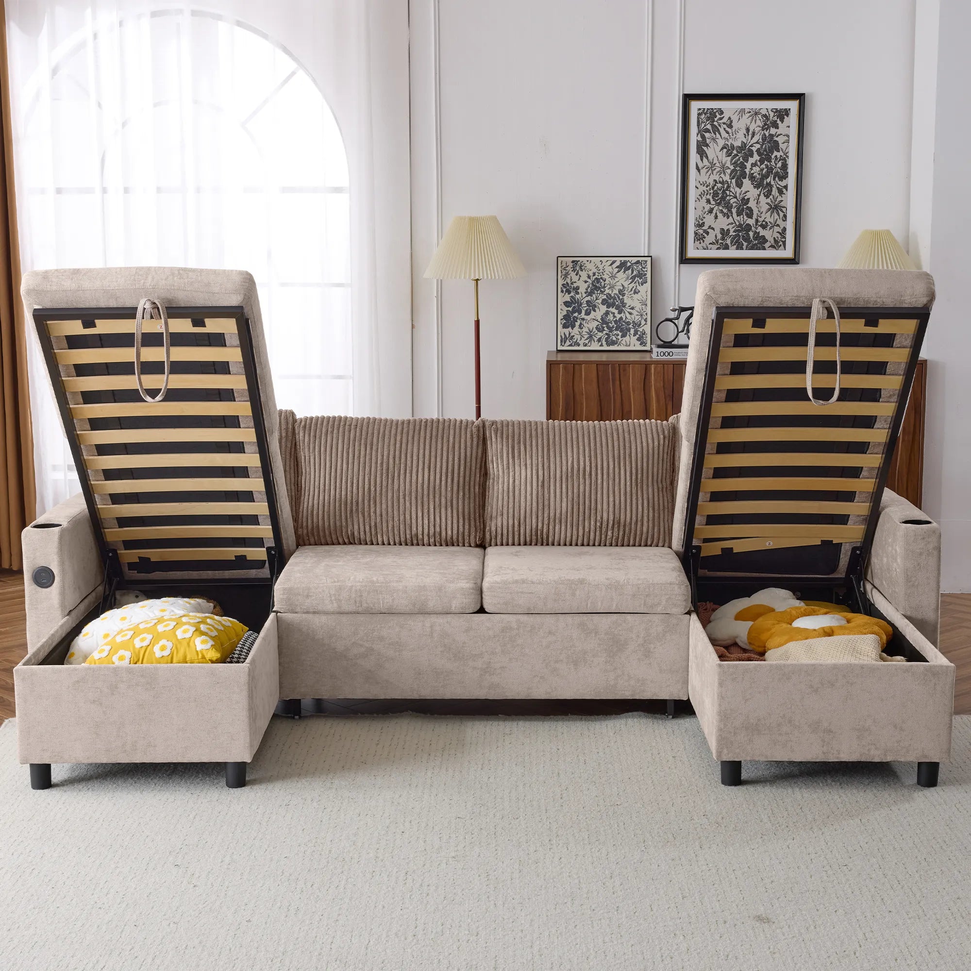 Corduroy Couch with Chaise Sleeper, Sectional Sofa Pull-Out, Brown