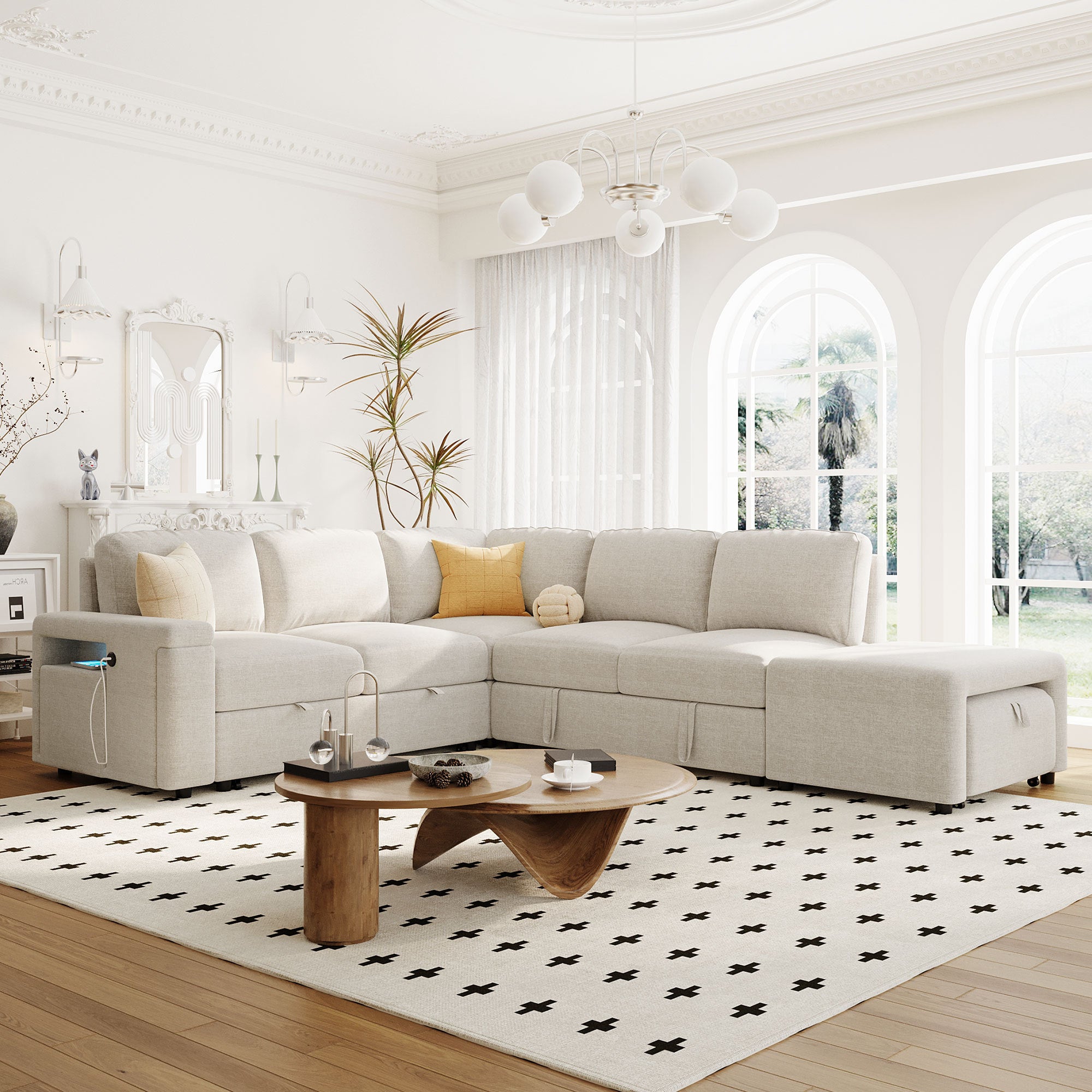 Sleeper Sectional, Sofa L Shape, Couch with Ottoman and Storage, Beige