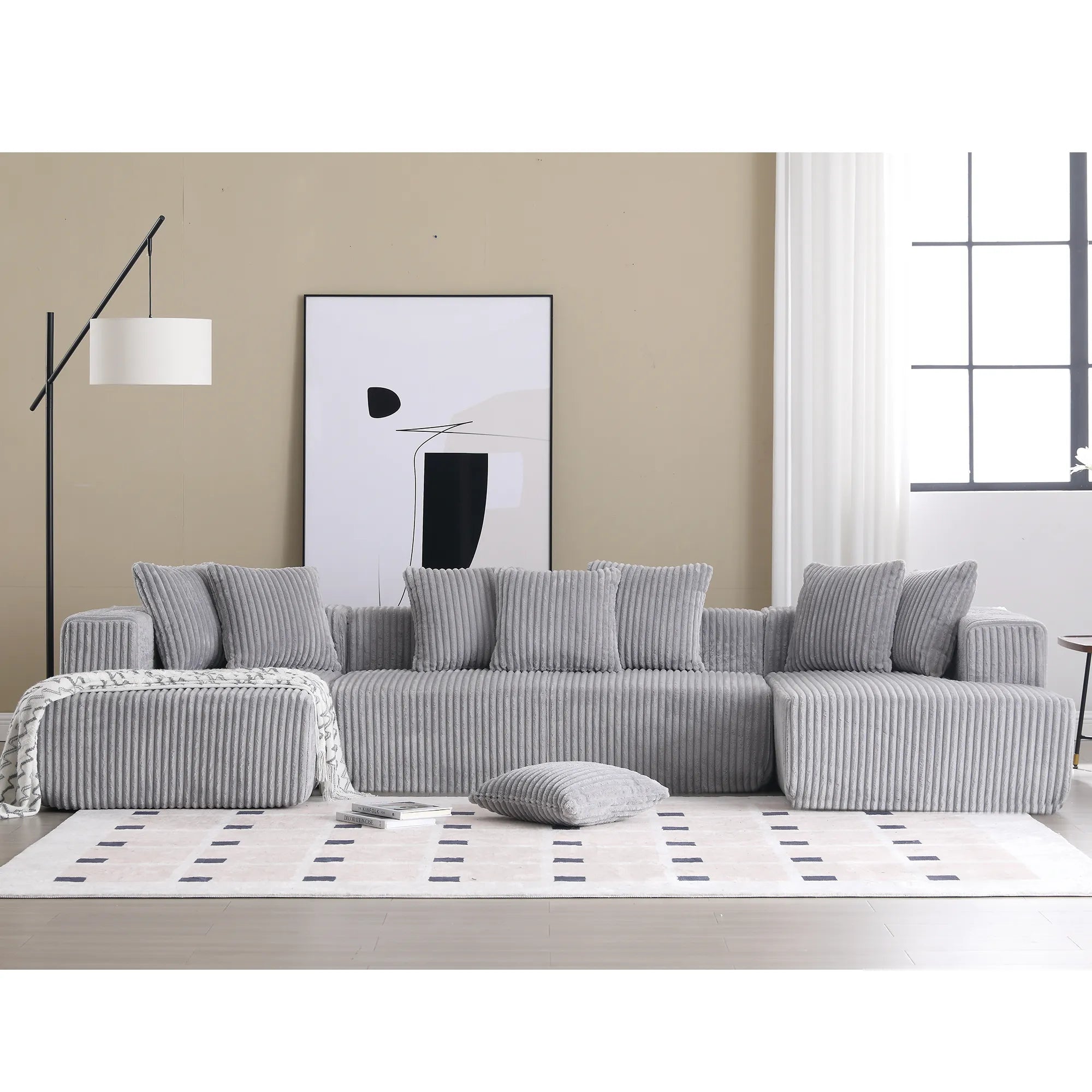 Modular U Shaped Sectional, Corduroy Couch with Double Chaise, Gray