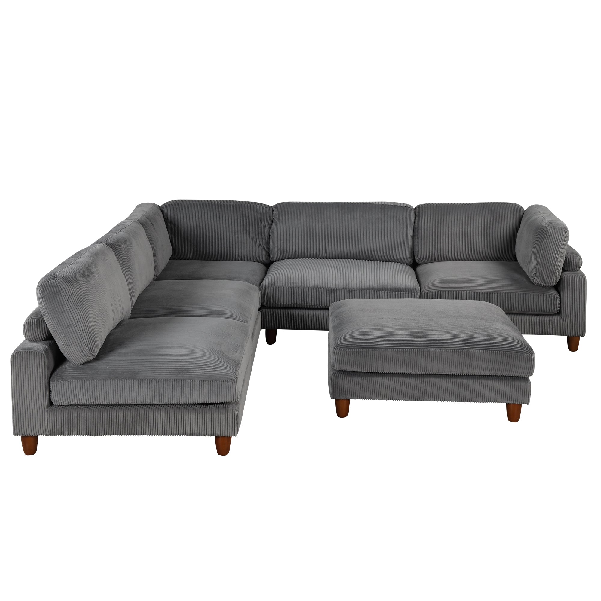 Large U-Shaped Sectional, Corduroy Couch with Ottoman, Gray