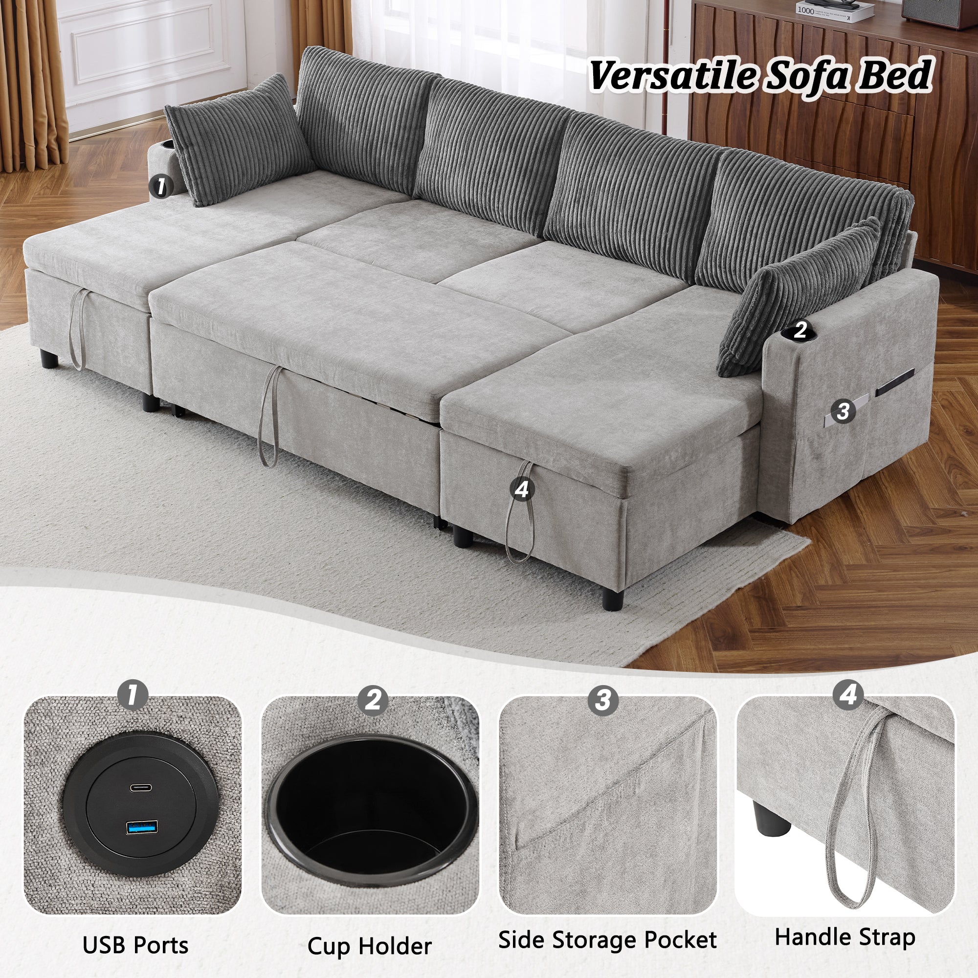 Corduroy Couch with Chaise Sleeper, Sectional Sofa Pull-Out, Grey