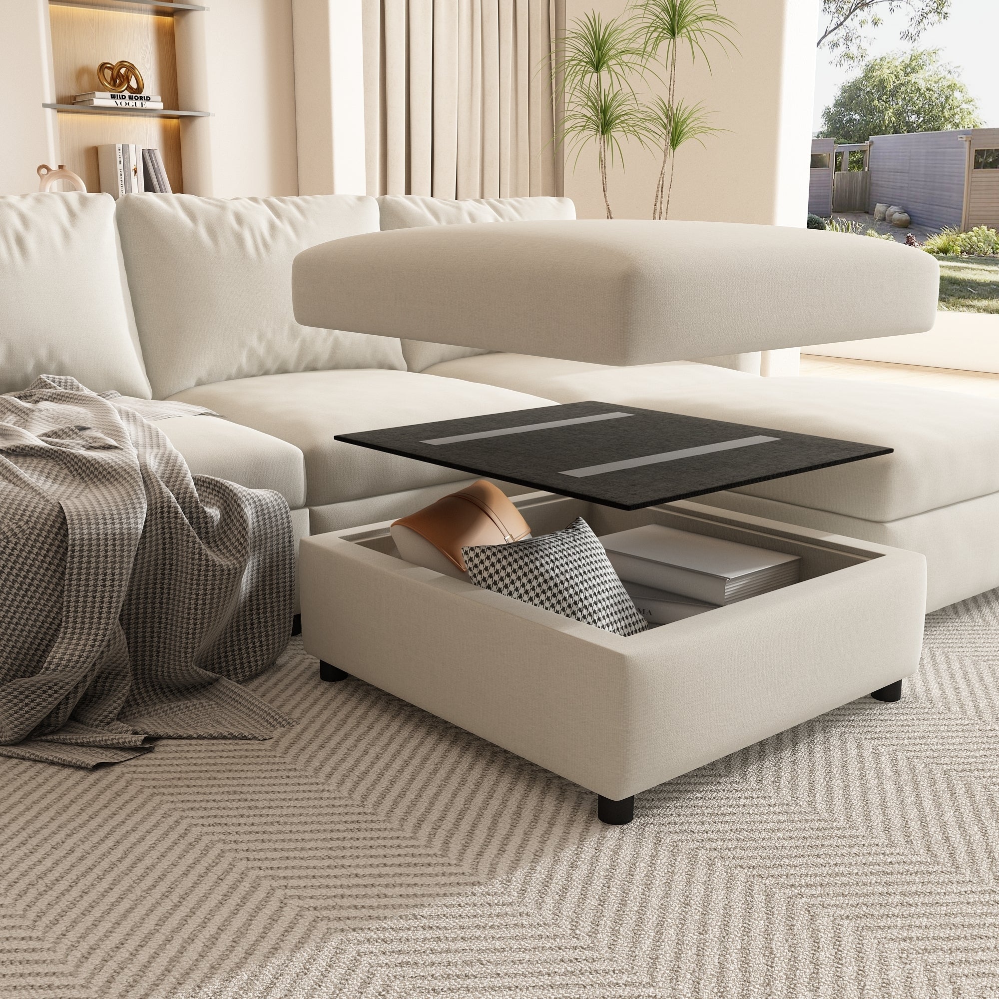 Large Sectional Couch with Storage, Sofa with Chaise- Beige