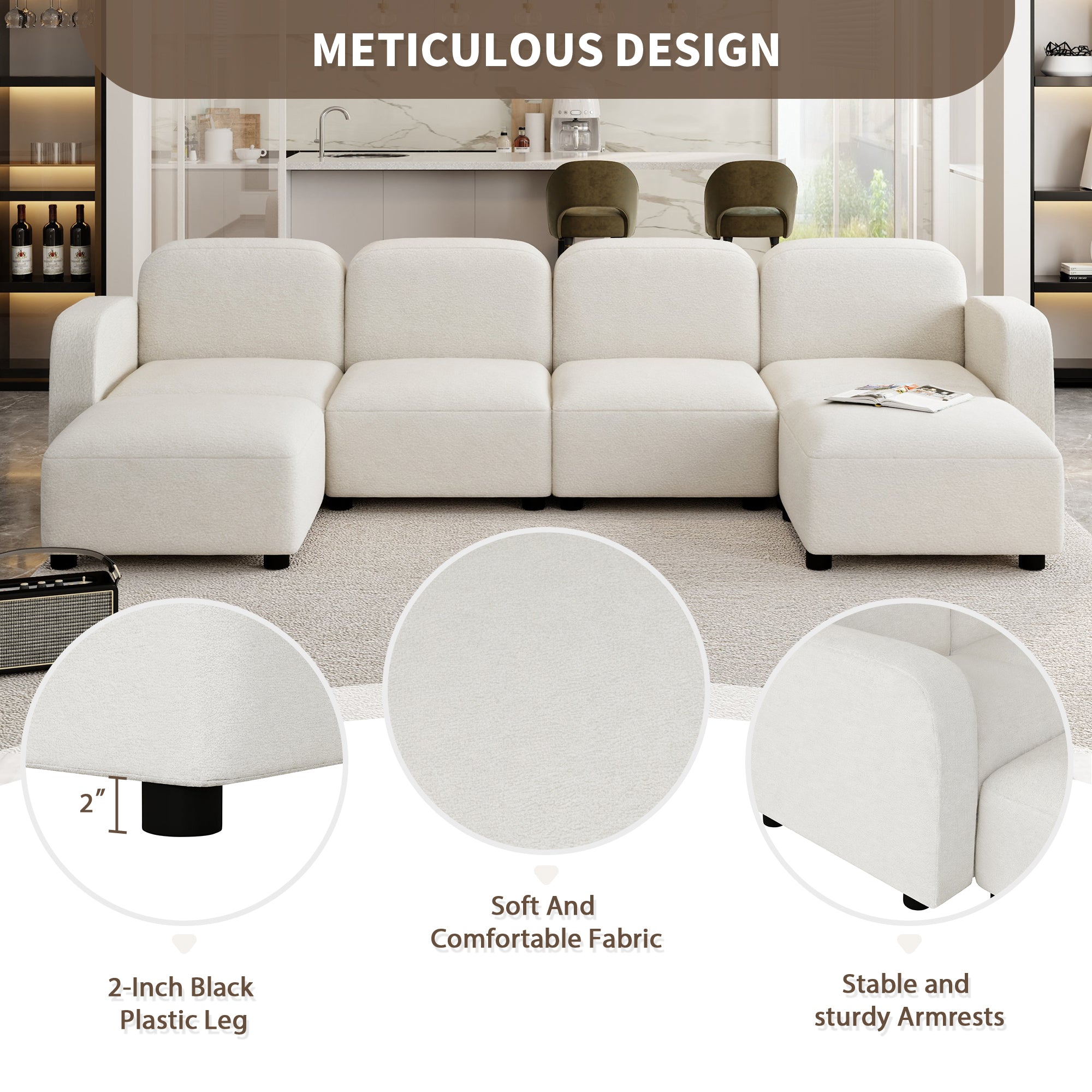 Modern U Shaped Sectional, Modular Comfy Couch with Ottoman, Beige
