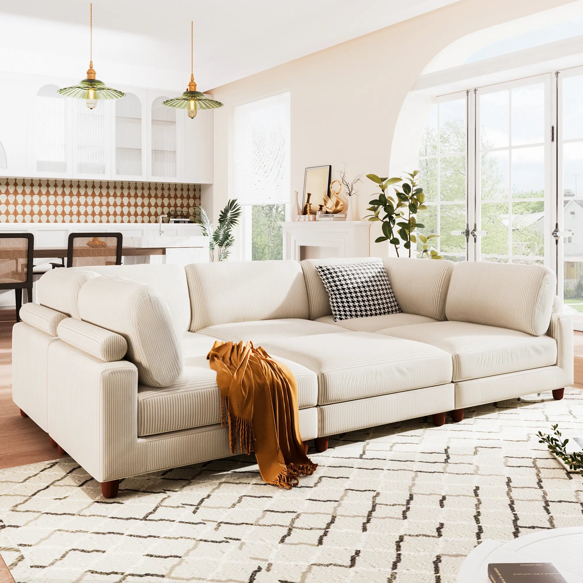 Large U-Shaped Sectional, Corduroy Couch with Ottoman, Beige