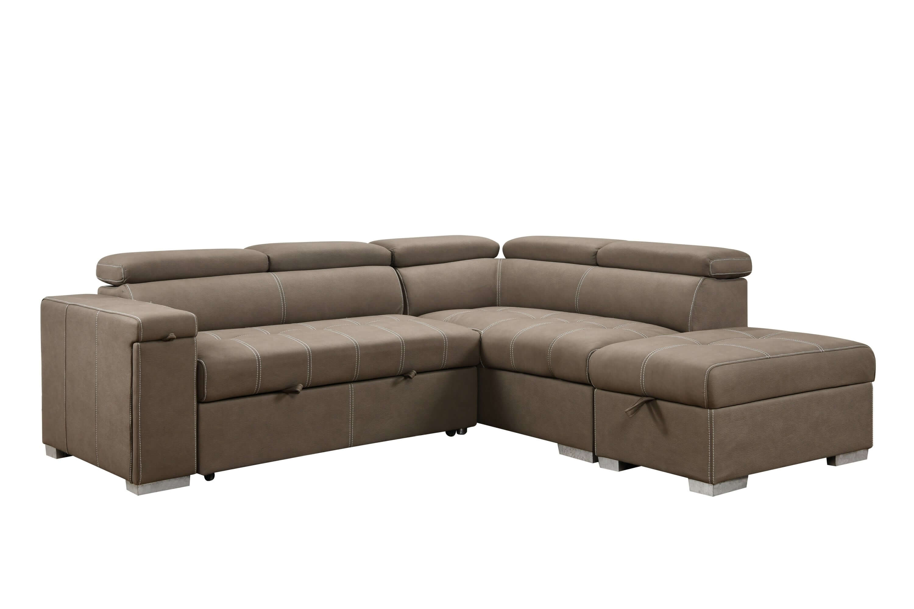 Louie L-Shaped Sofa Bed, Convertible Couch Pullout with Storage Chaise and Adjustable Headrest - Brown