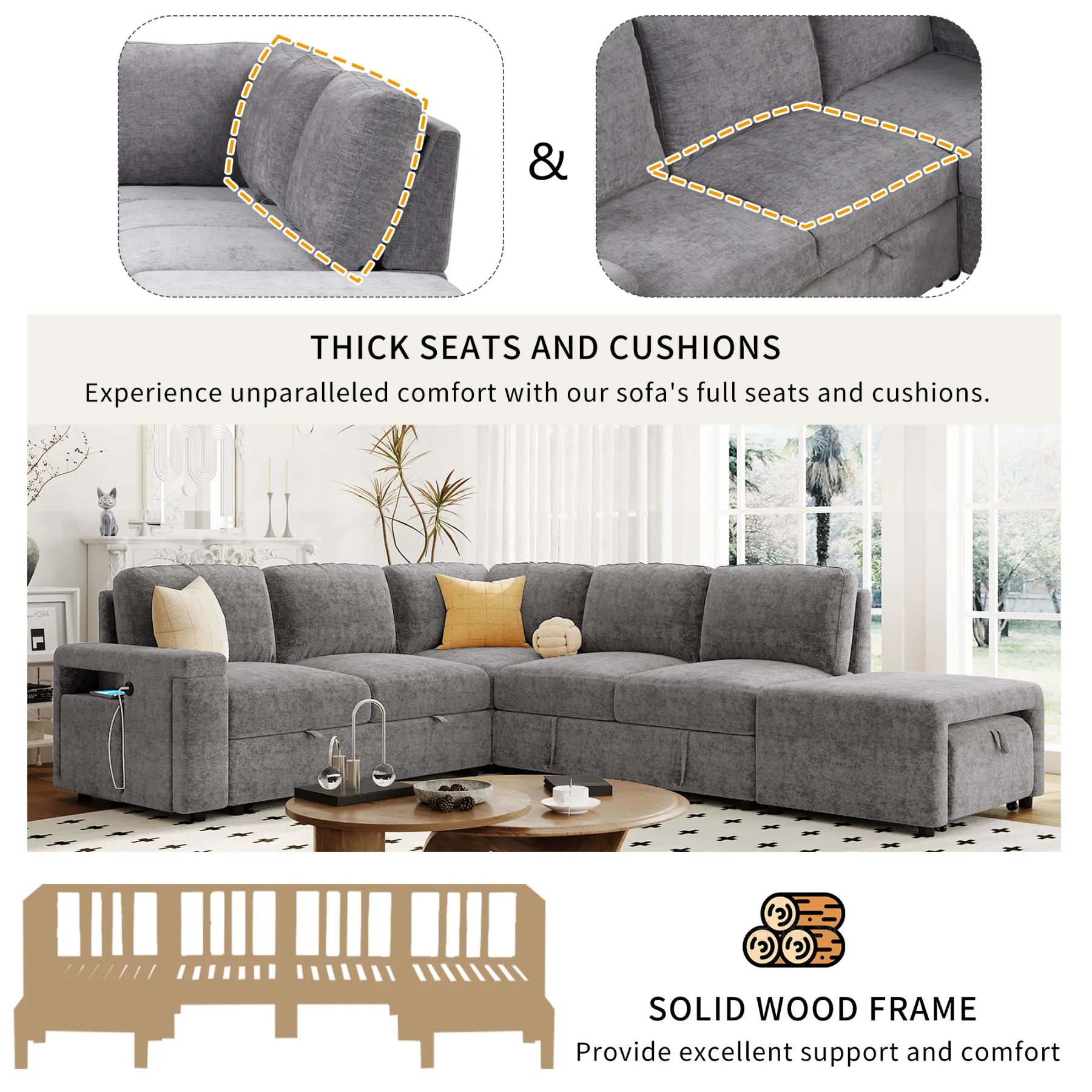 Sleeper Sectional, Sofa L Shape, Couch with Ottoman and Storage, Gray