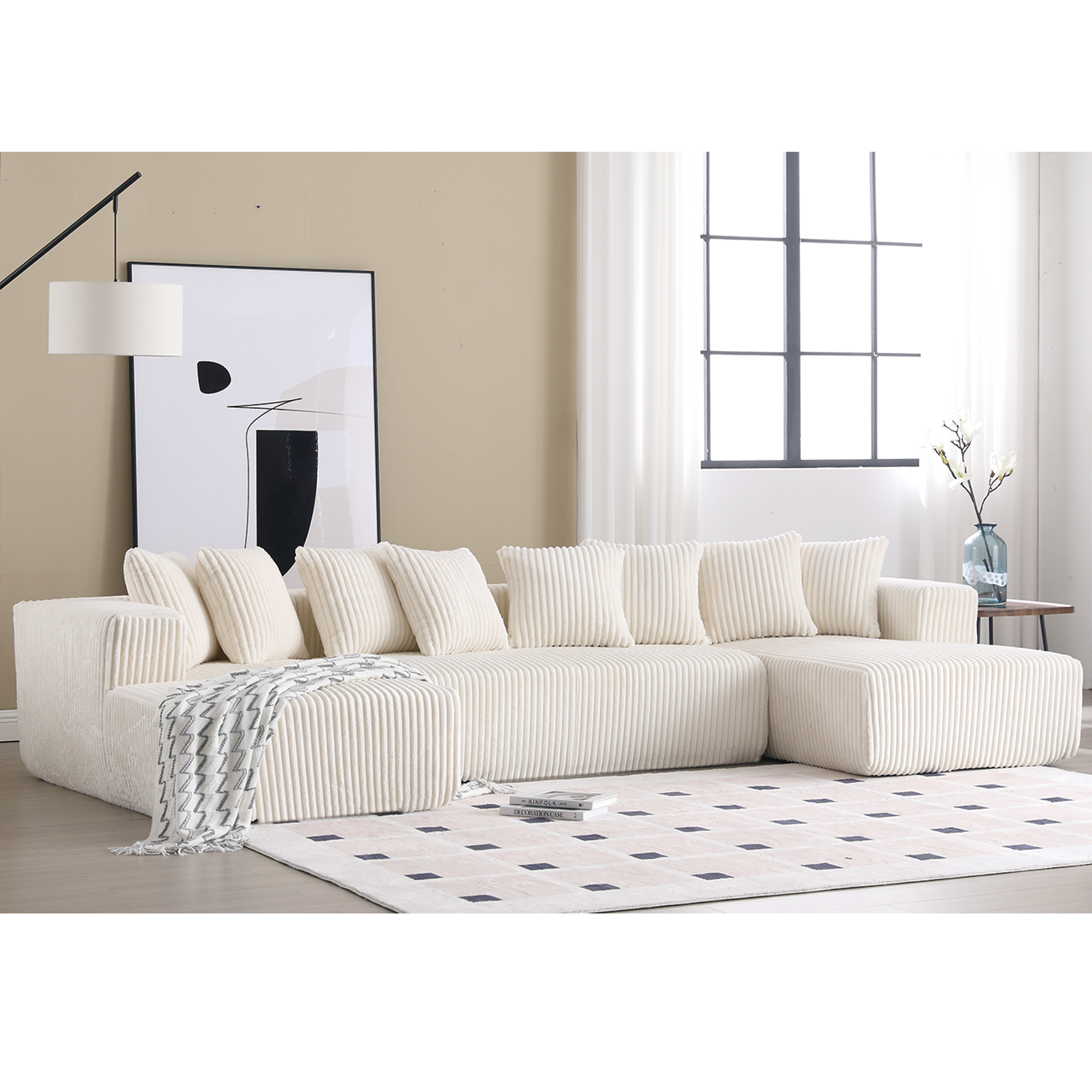 Modular U Shaped Sectional, Corduroy Couch with Double Chaise, White