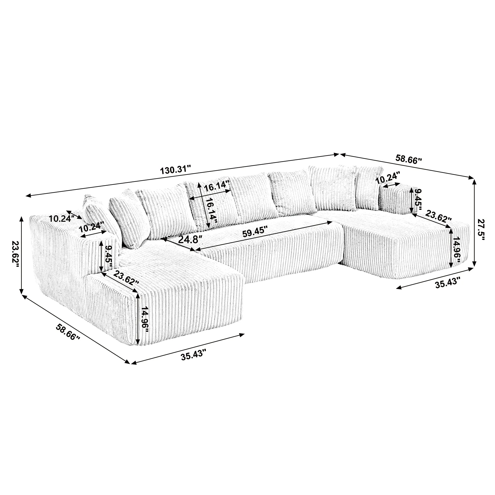 Modular U Shaped Sectional, Corduroy Couch with Double Chaise, White