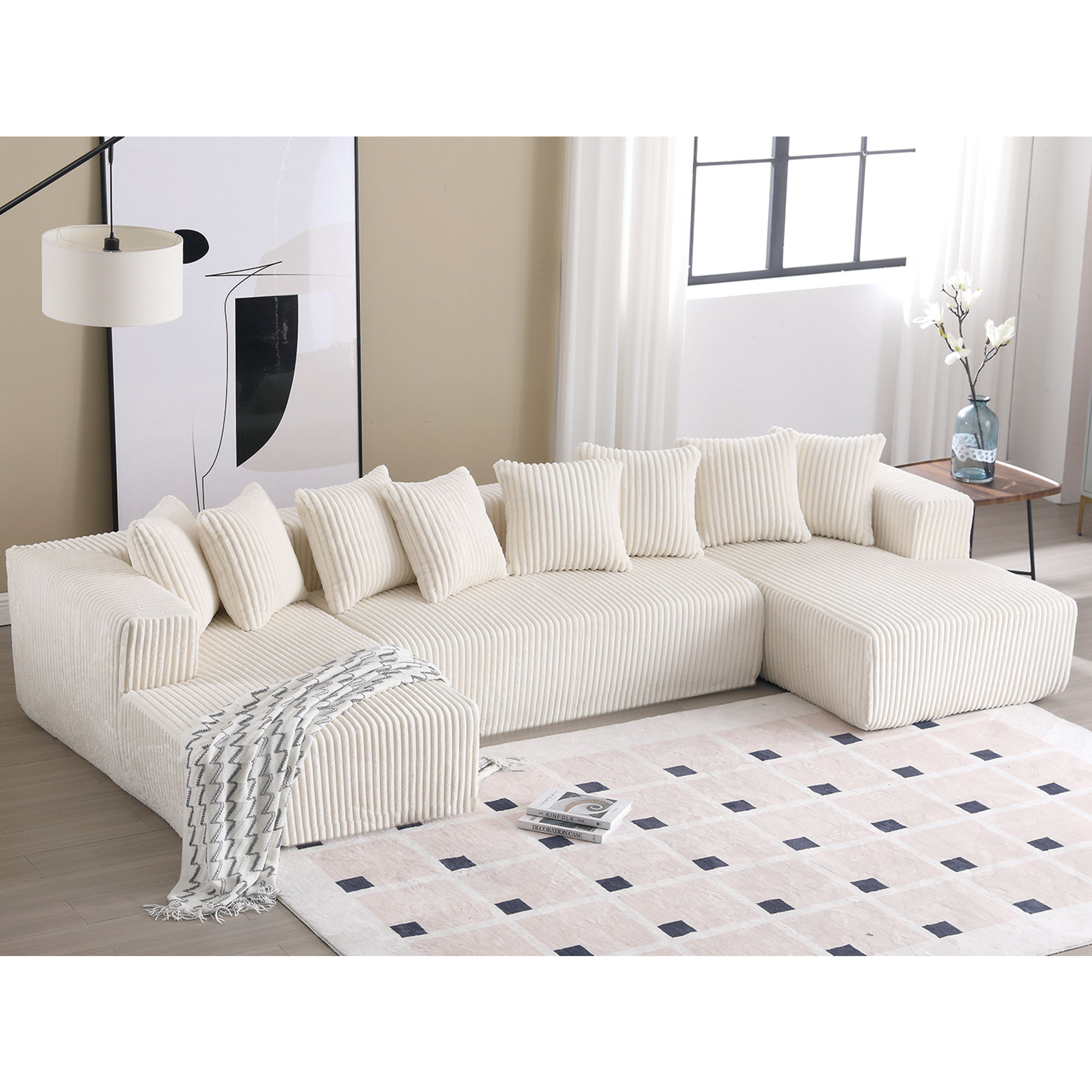 Modular U Shaped Sectional, Corduroy Couch with Double Chaise, White