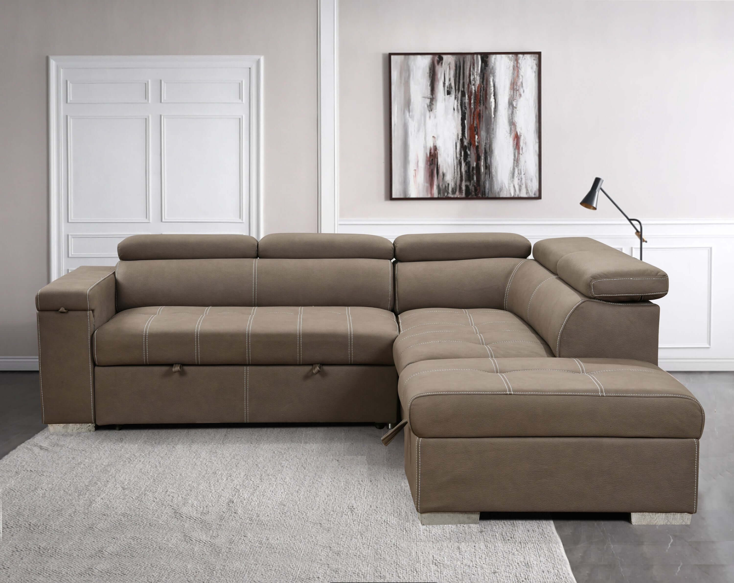 Louie L-Shaped Sofa Bed, Convertible Couch Pullout with Storage Chaise and Adjustable Headrest - Brown