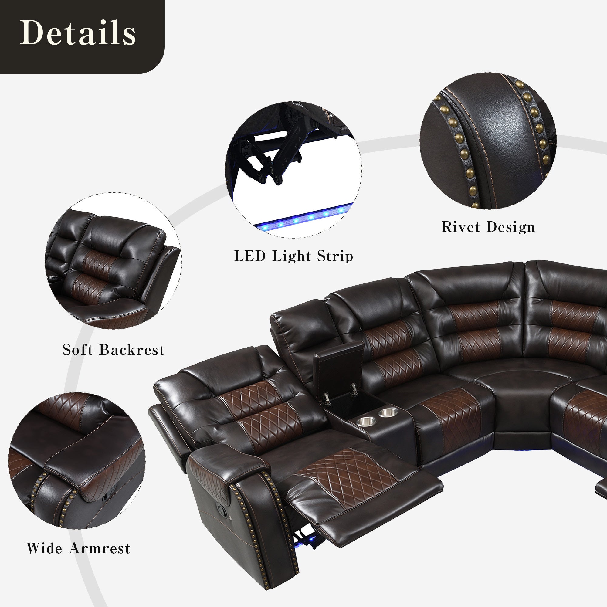 Luxury Reclining Sofa, Corner Sectional Couch Recliner, Brown