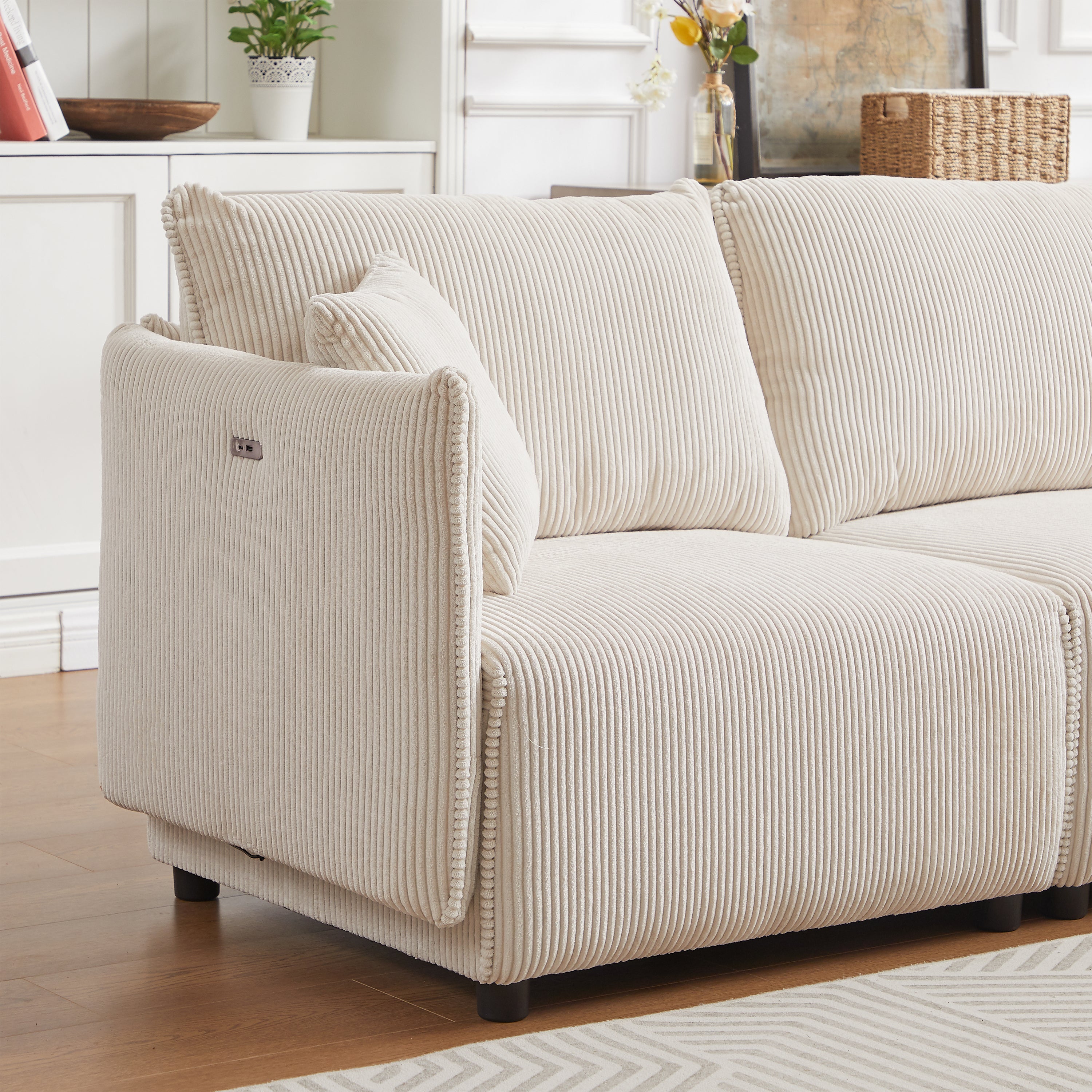 L Shape Modular Sectional Sofa, Corduroy Couch with Ottoman - Beige