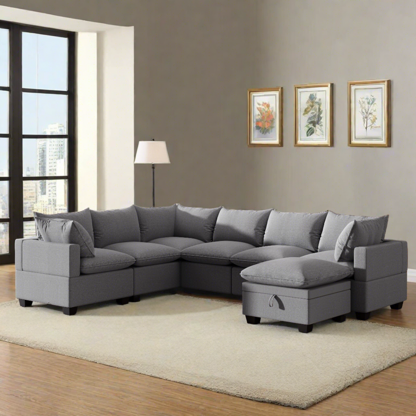 U Shaped Sectional, Modular Sofa with Ottoman and Storage, Gray
