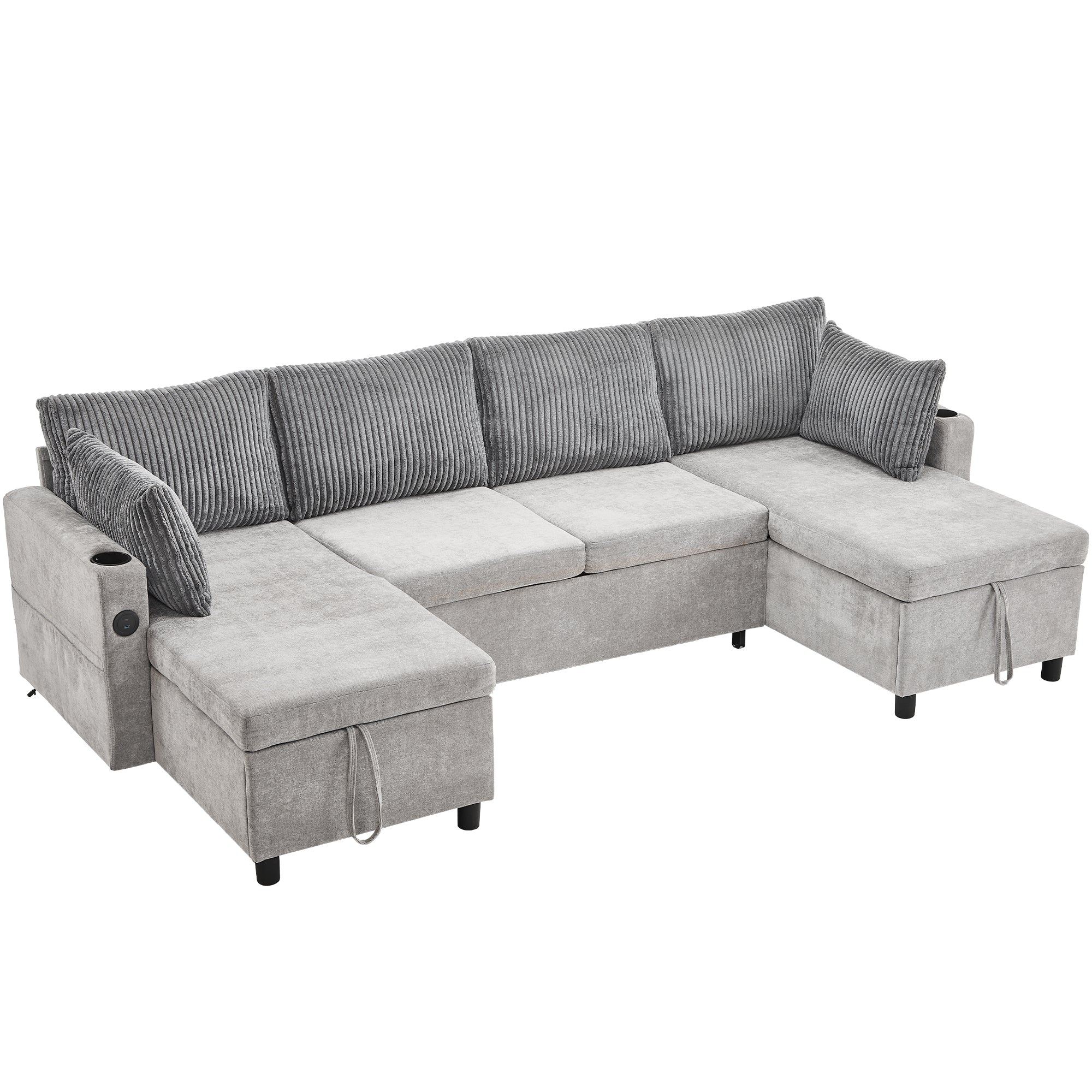 Corduroy Couch with Chaise Sleeper, Sectional Sofa Pull-Out, Grey