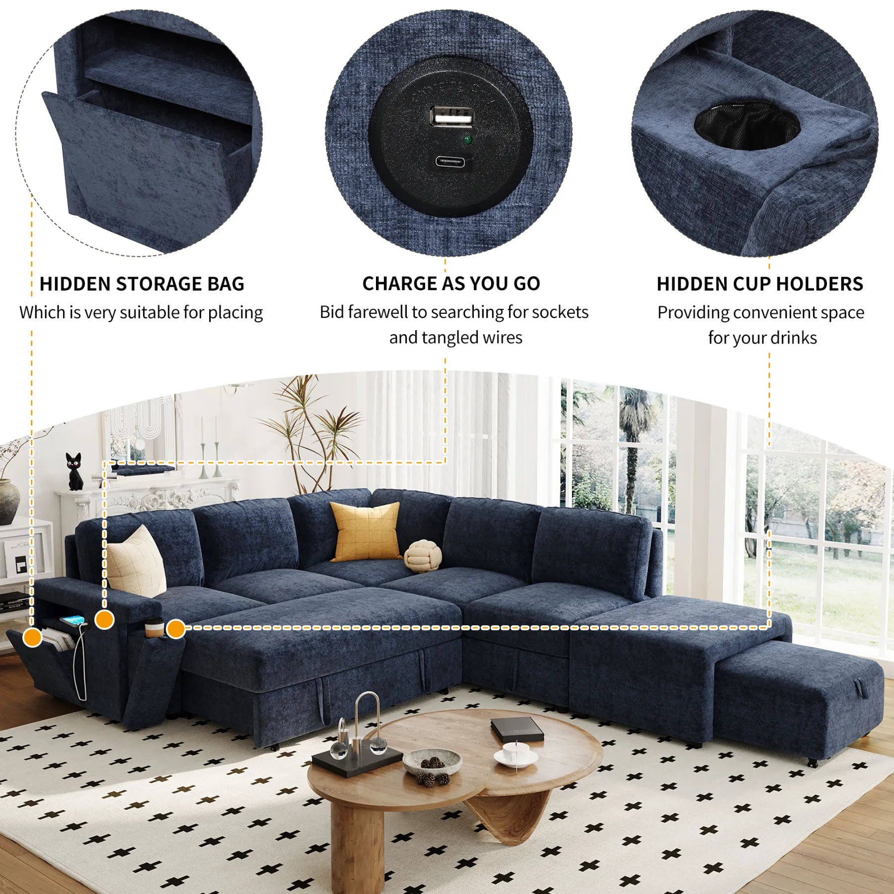 Sleeper Sectional, Sofa L Shape, Couch with Ottoman and Storage, Blue