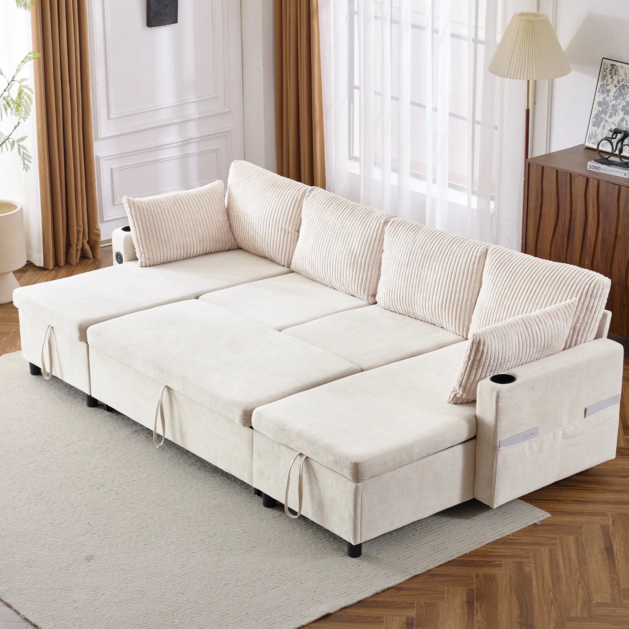 Corduroy Couch with Chaise Sleeper, Sectional Sofa Pull-Out, Beige