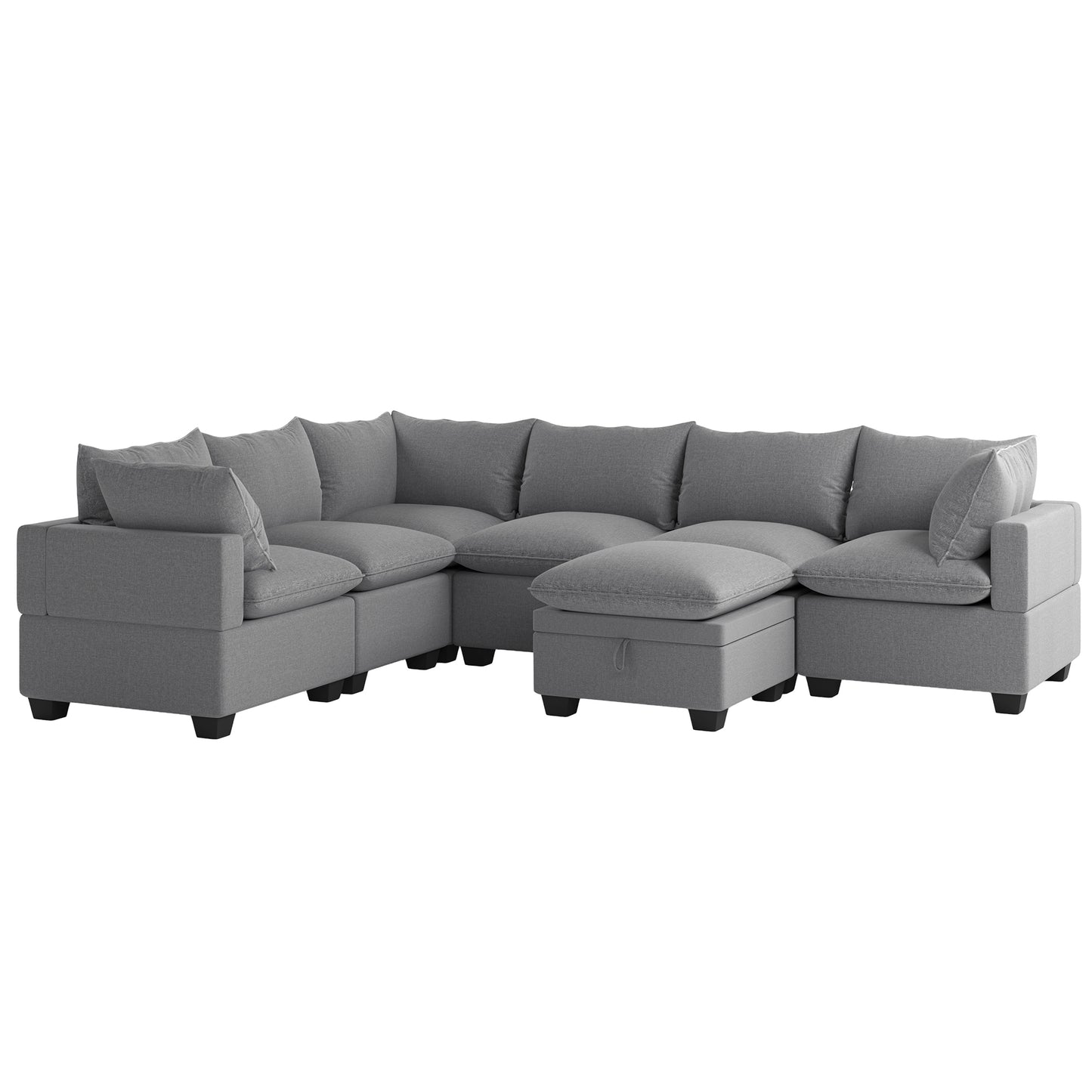 U Shaped Sectional, Modular Sofa with Ottoman and Storage, Gray