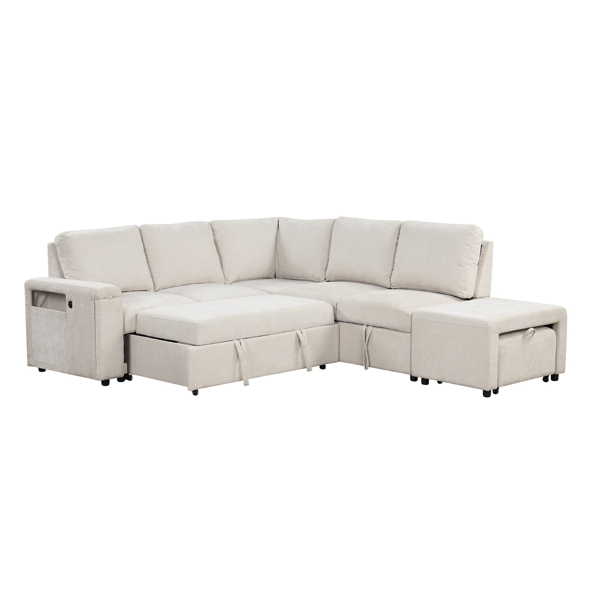 Sleeper Sectional, Sofa L Shape, Couch with Ottoman and Storage, Beige/Gray/Blue