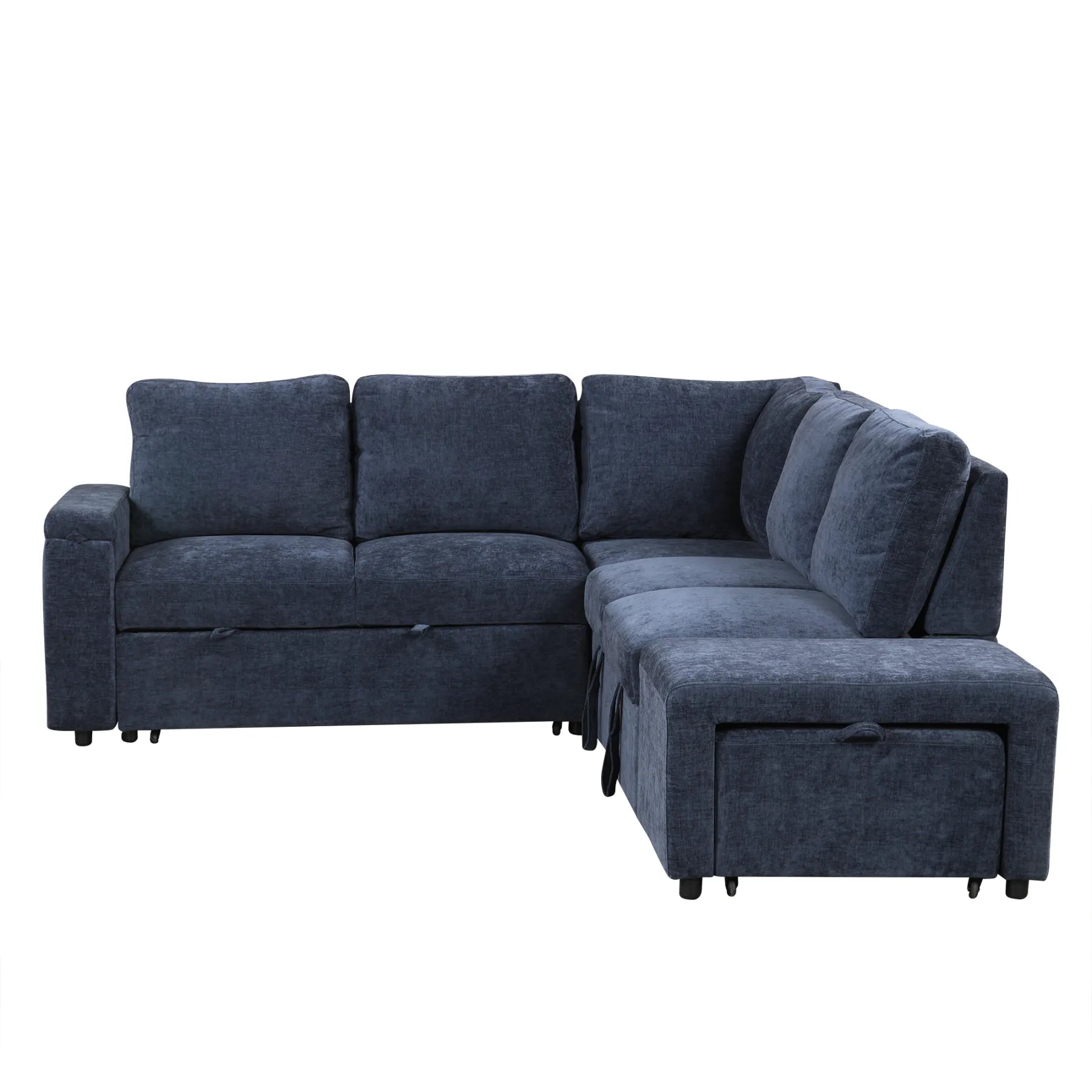 Sleeper Sectional, Sofa L Shape, Couch with Ottoman and Storage, Blue