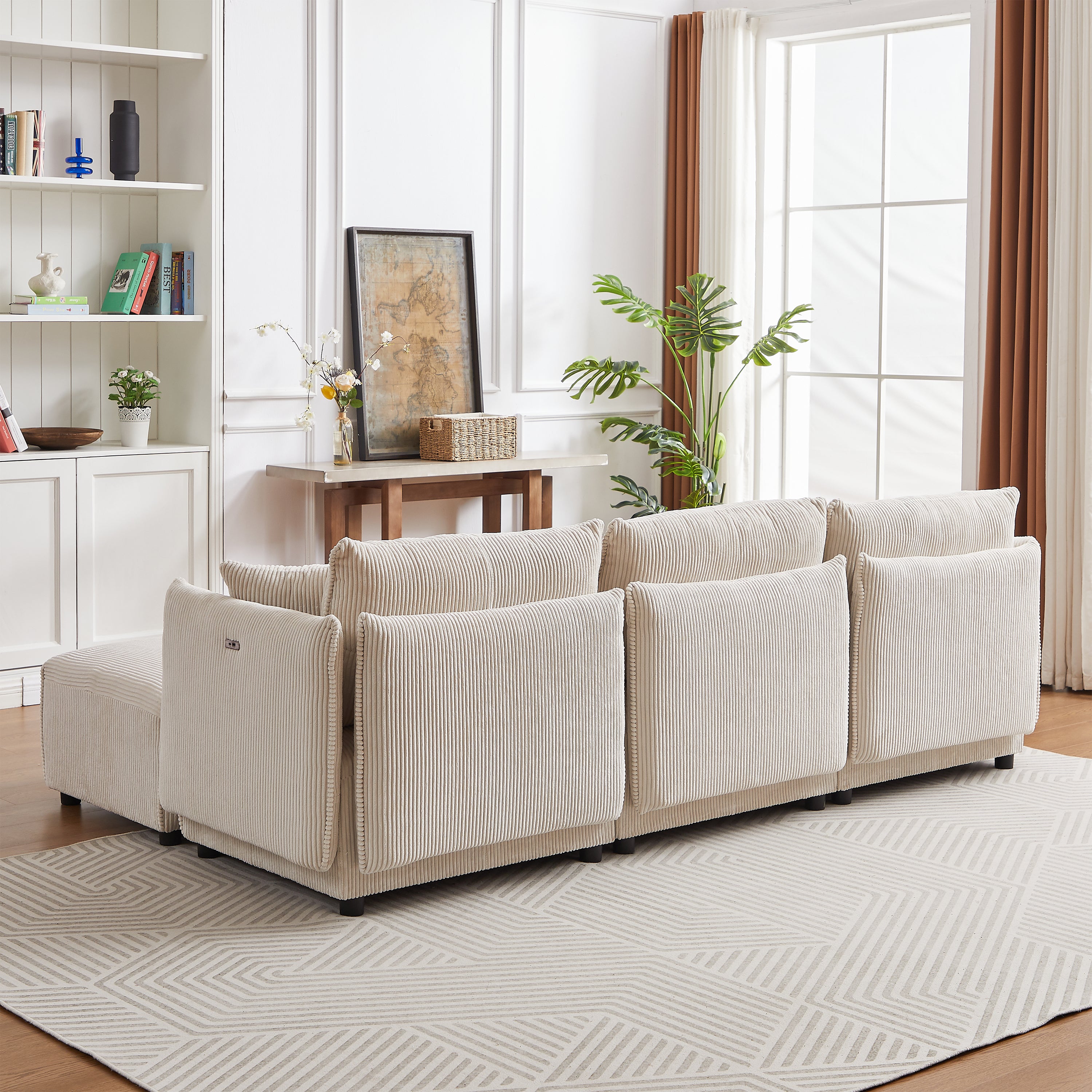 L Shape Modular Sectional Sofa, Corduroy Couch with Ottoman - Beige