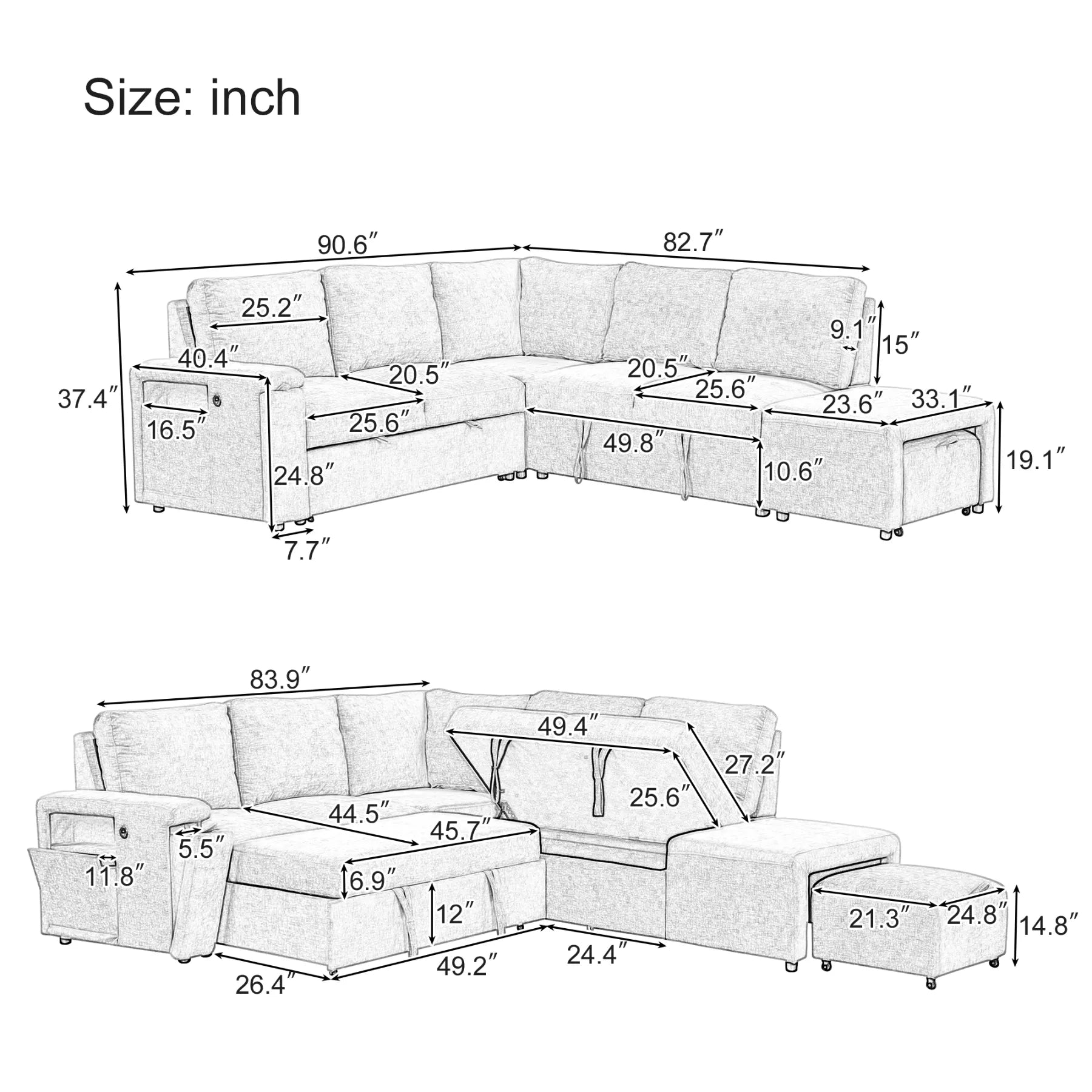 Sleeper Sectional, Sofa L Shape, Couch with Ottoman and Storage, Blue