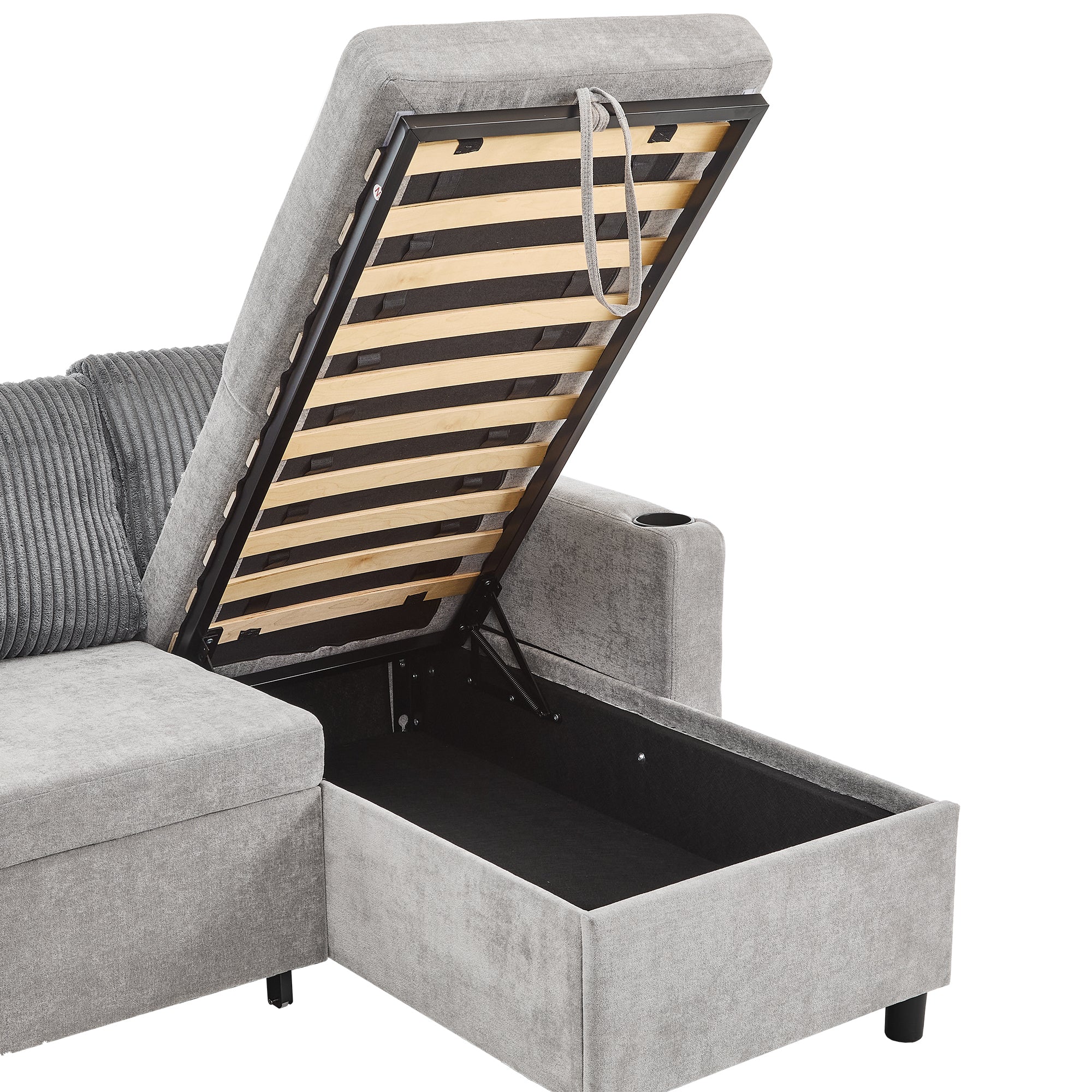 Corduroy Couch with Chaise Sleeper, Sectional Sofa Pull-Out, Grey