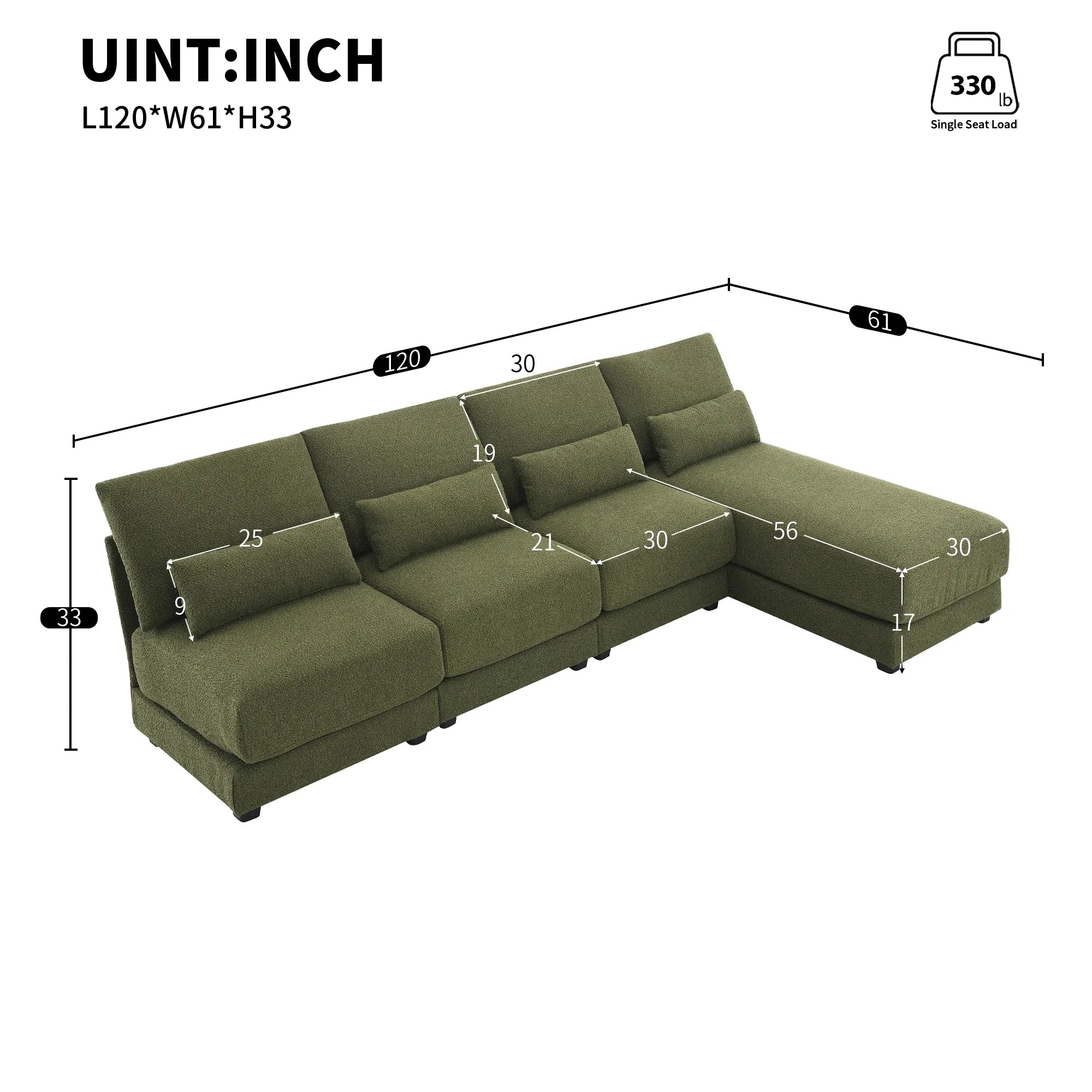 L Shape Couch, Deep Seat Sectional Sofa with Reversible Chaise, Green