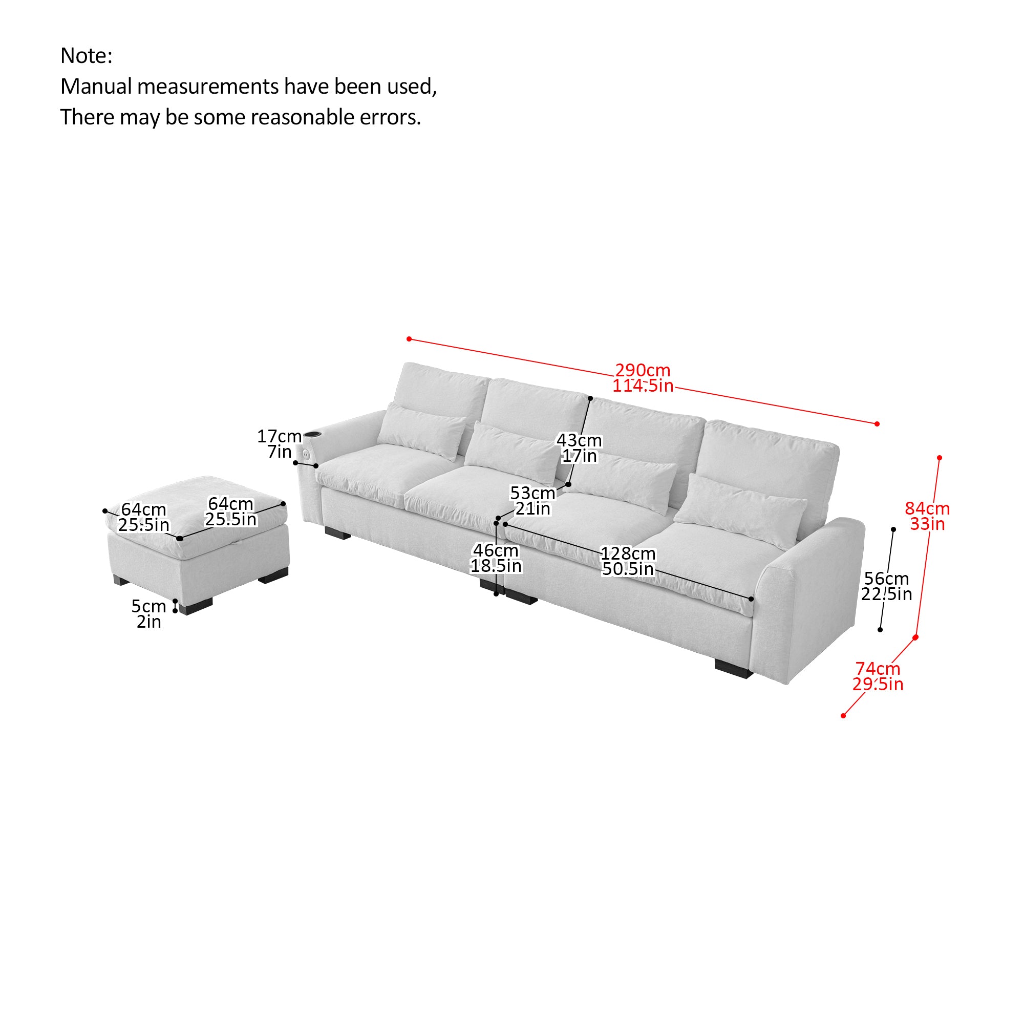 Louie Sectional Couch with Chaise, Sofa L-Shape with Ottoman Storage - Gray