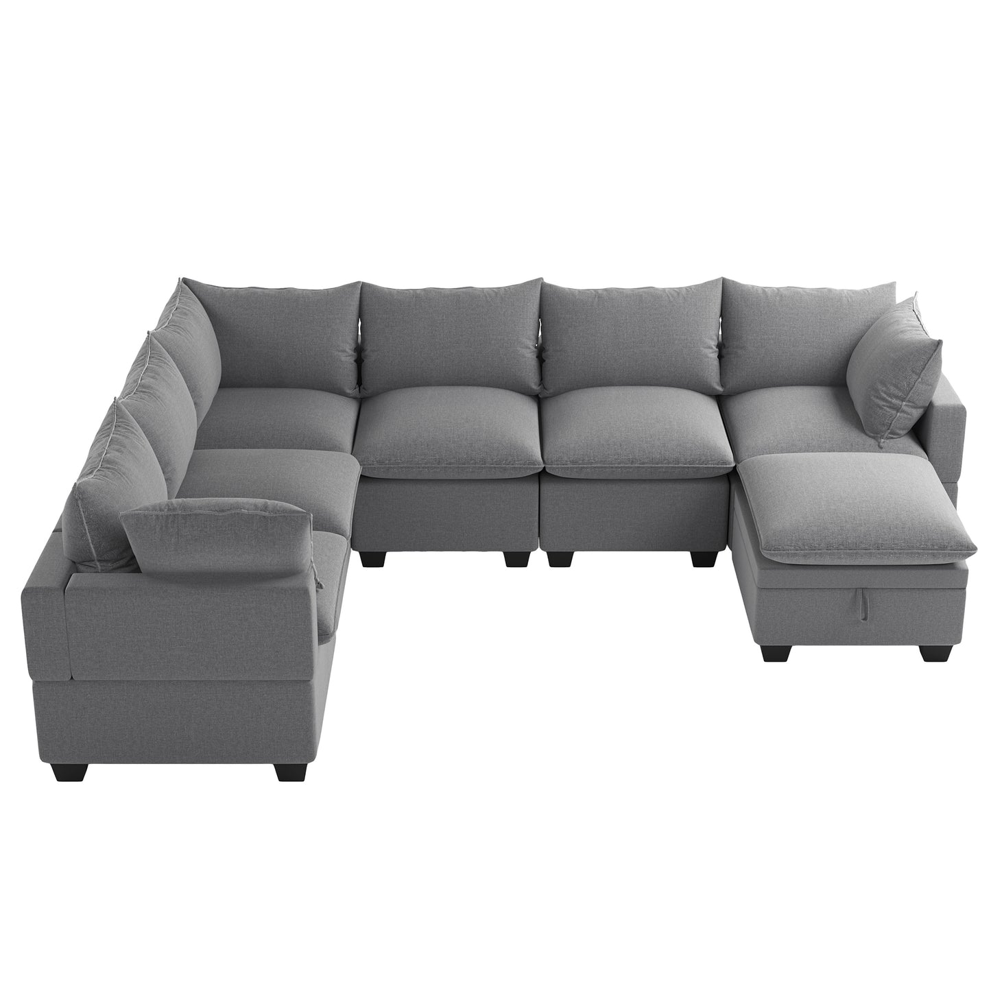 U Shaped Sectional, Modular Sofa with Ottoman and Storage, Gray