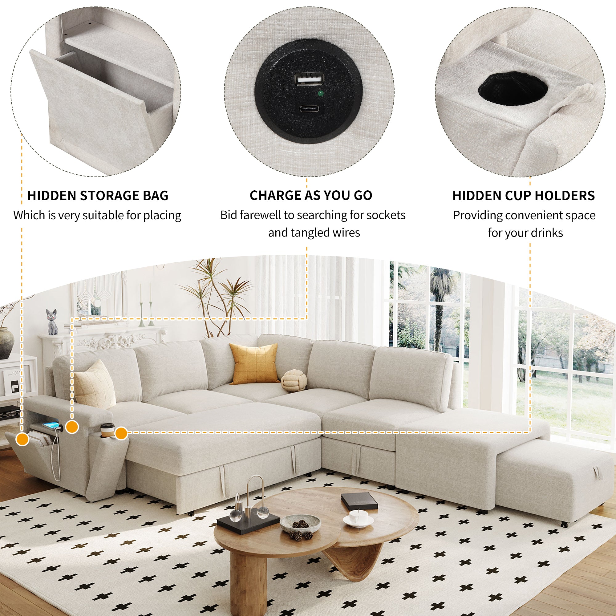 Sleeper Sectional, Sofa L Shape, Couch with Ottoman and Storage, Beige/Gray/Blue