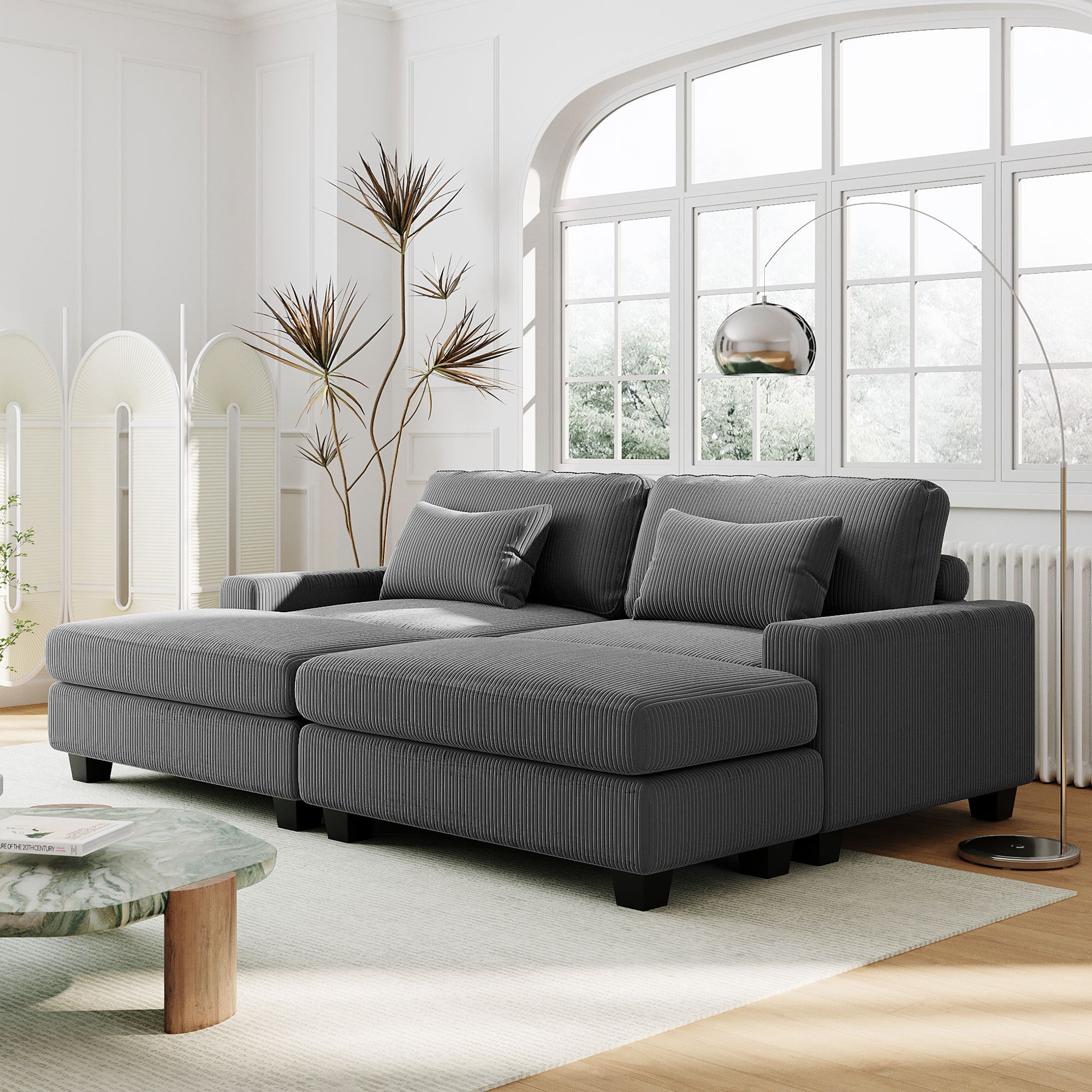 Louie Corduroy Sofa, Deep Sectional Couch with Ottoman - Gray