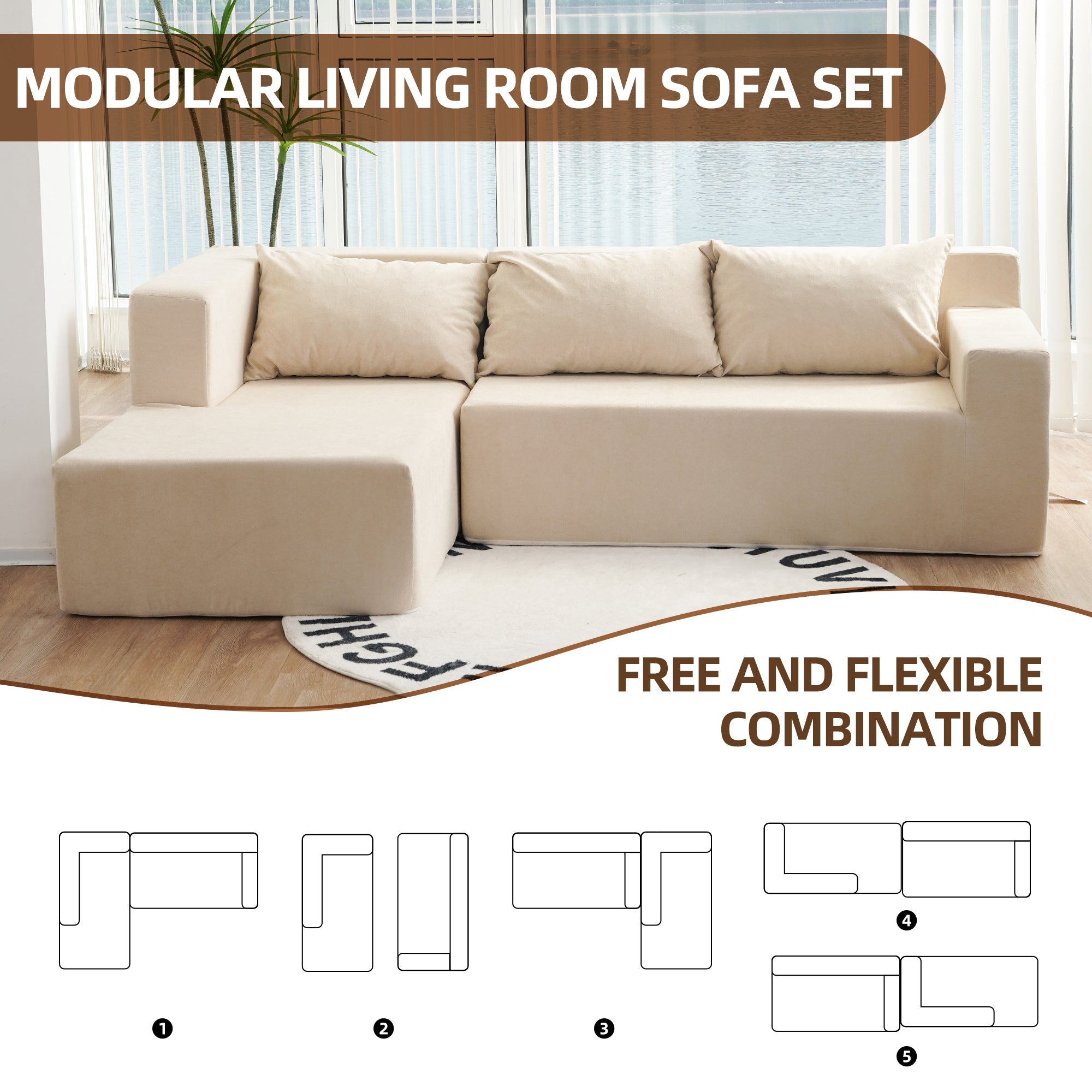 Modular Sofa, L-Shape Sectional Couch with Chaise, Beige