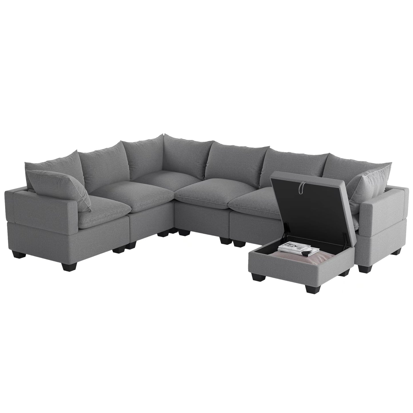 U Shaped Sectional, Modular Sofa with Ottoman and Storage, Gray
