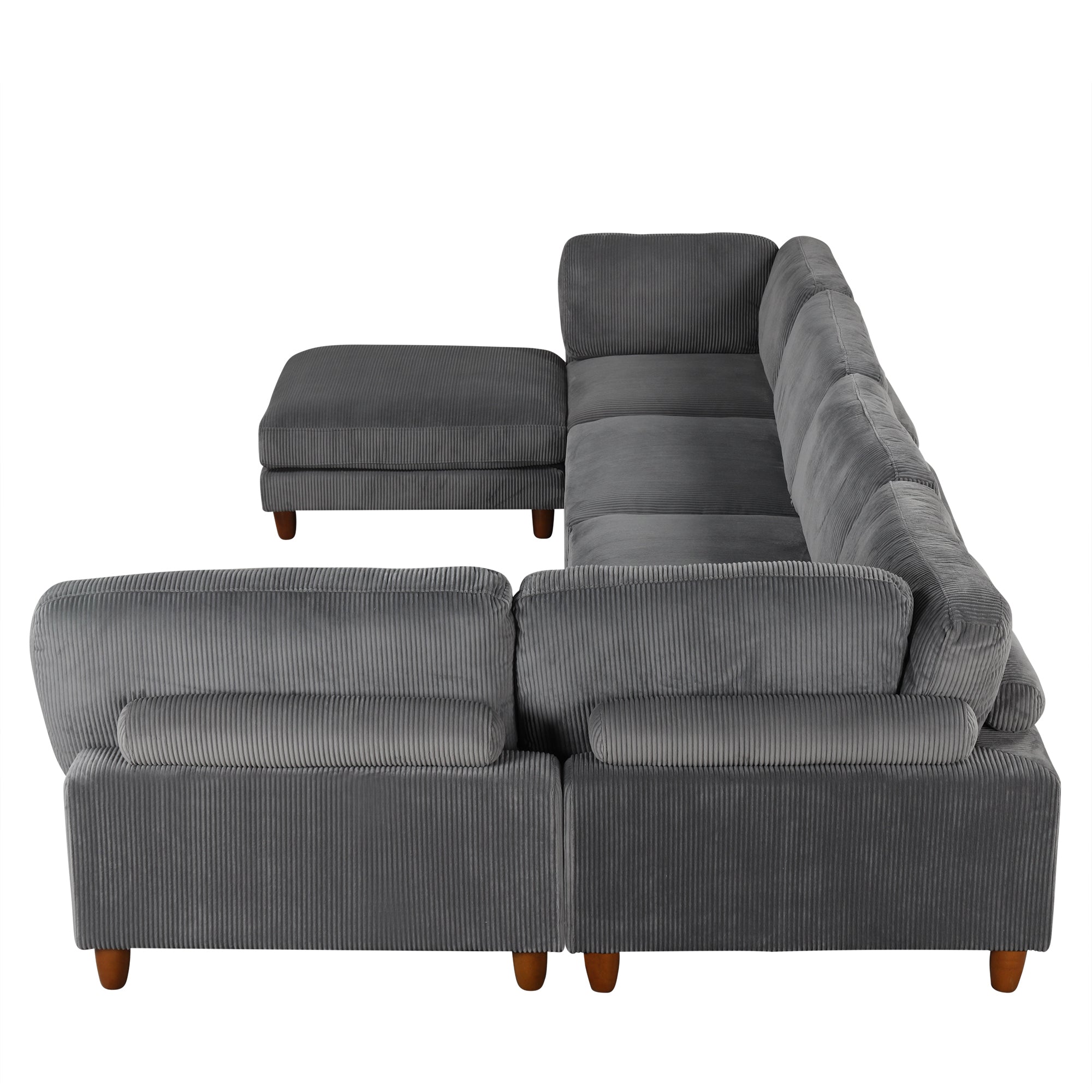 Large U-Shaped Sectional, Corduroy Couch with Ottoman, Gray