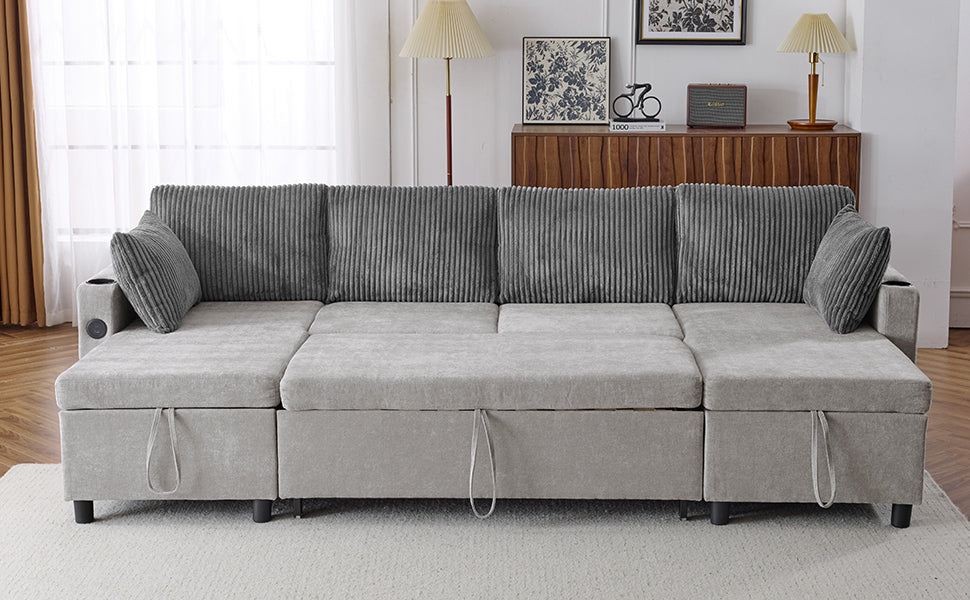 Corduroy Couch with Chaise Sleeper, Sectional Sofa Pull-Out, Grey