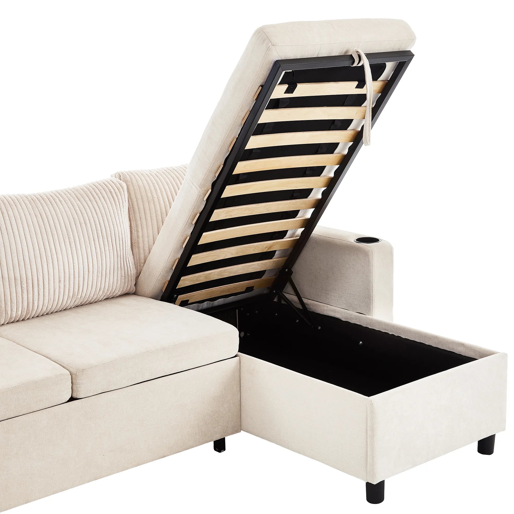 Corduroy Couch with Chaise Sleeper, Sectional Sofa Pull-Out, Beige