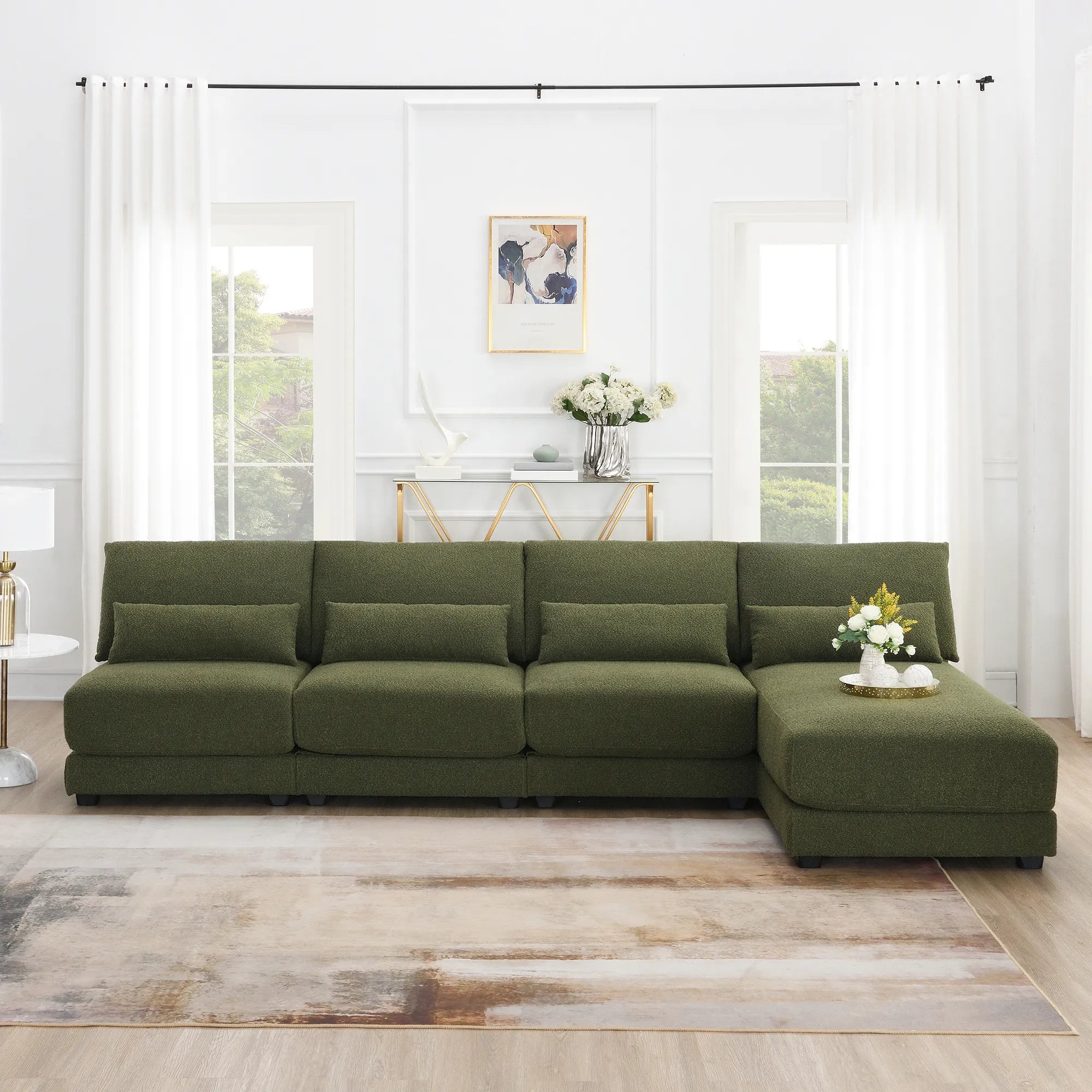L Shape Couch, Deep Seat Sectional Sofa with Reversible Chaise, Green