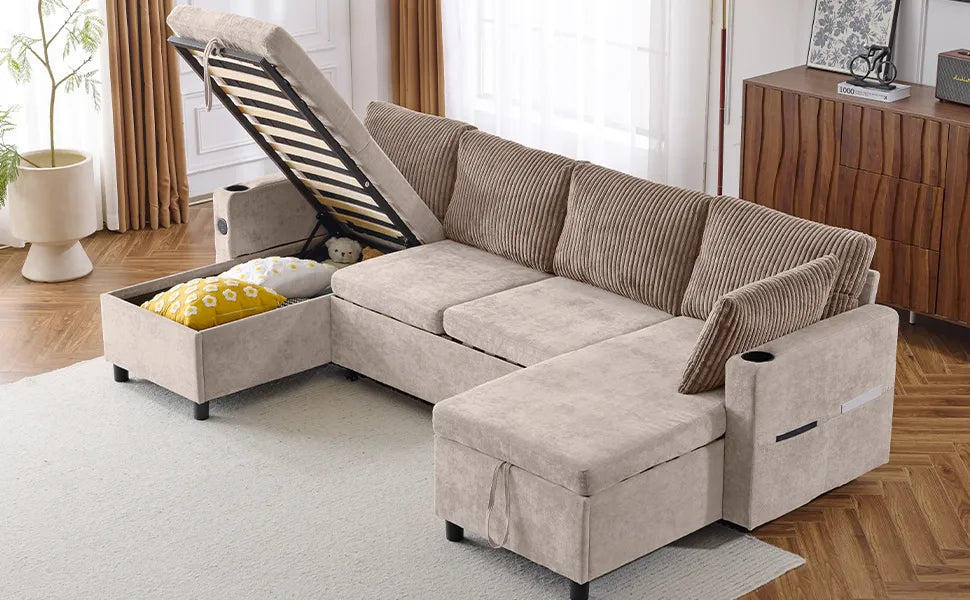 Corduroy Couch with Chaise Sleeper, Sectional Sofa Pull-Out, Brown