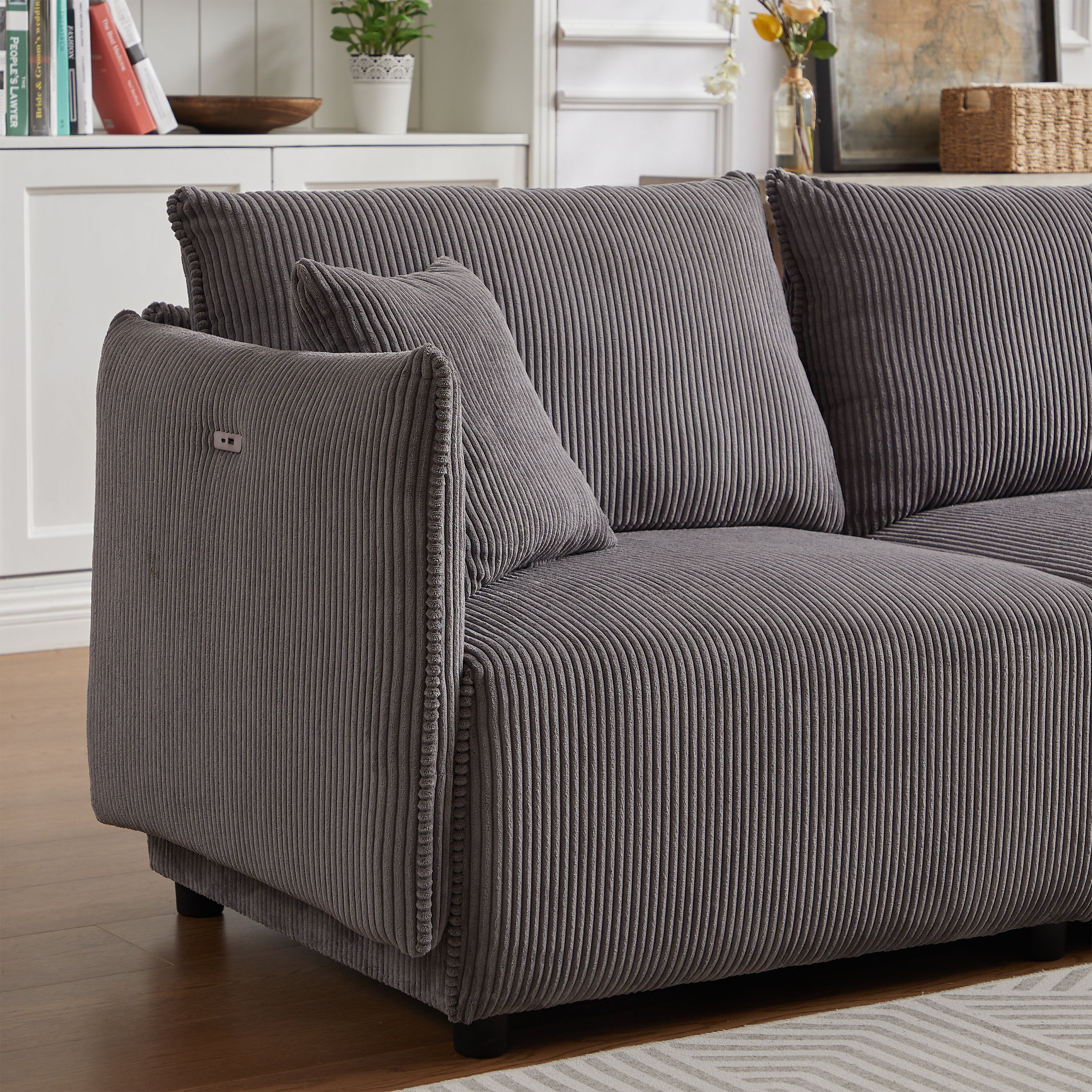 L Shape Modular Sectional Sofa, Corduroy Couch with Ottoman - Gray
