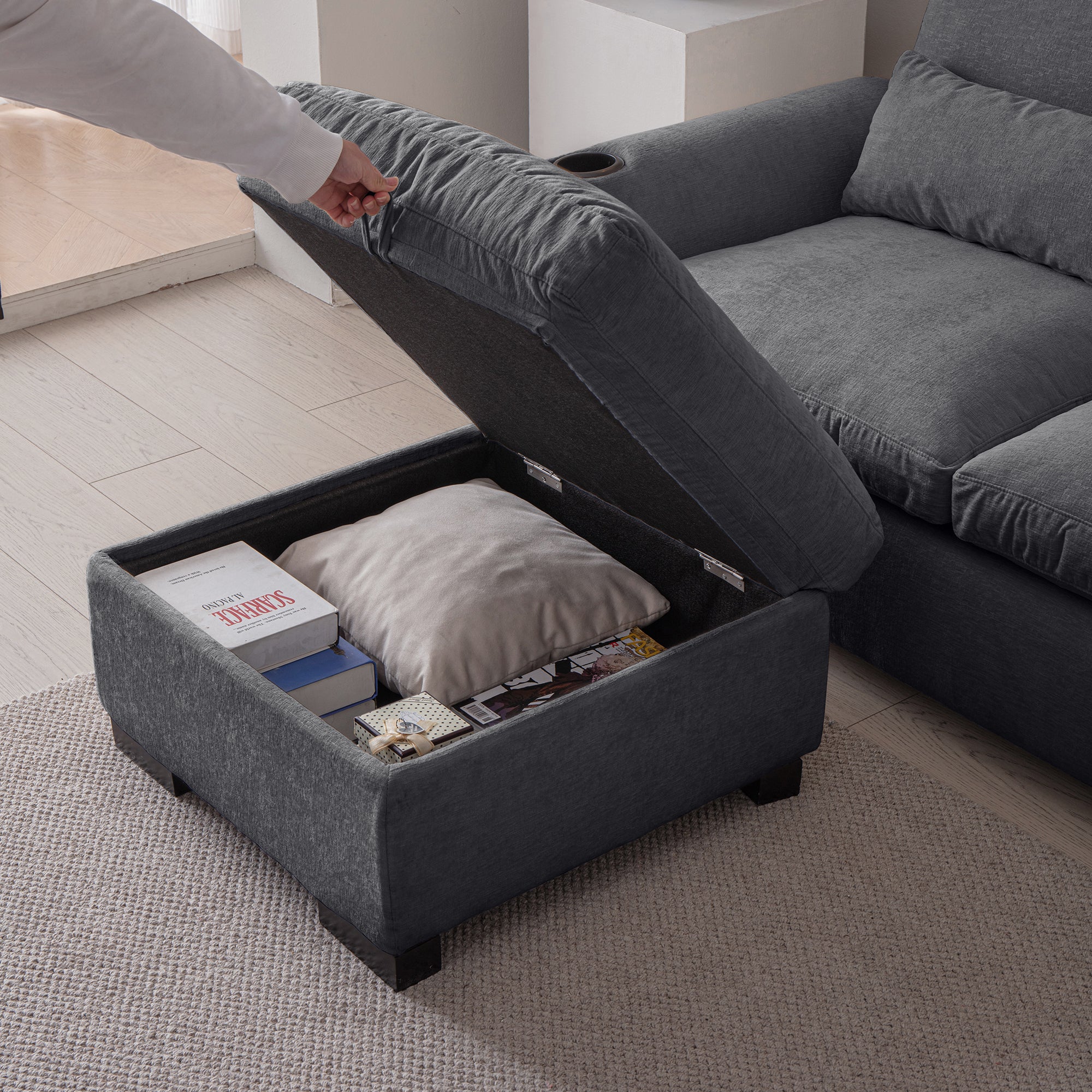 Louie Sectional Couch with Chaise, Sofa L-Shape with Ottoman Storage - Gray