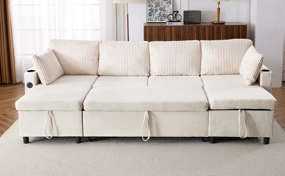 Corduroy Couch with Chaise Sleeper, Sectional Sofa Pull-Out, Beige