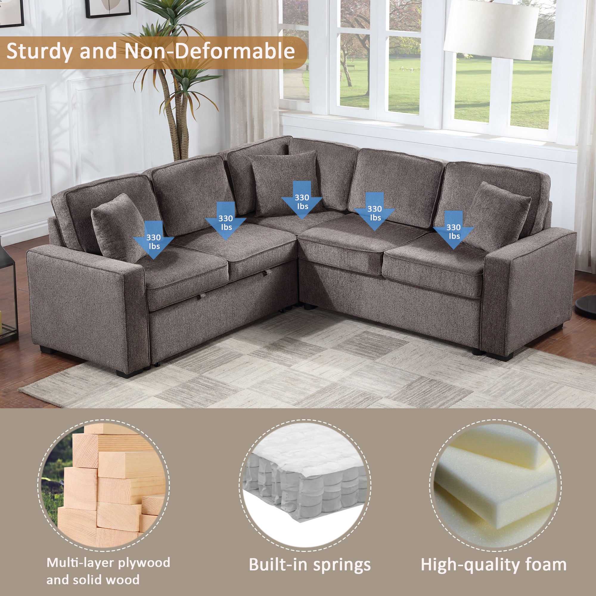 Louie Sleeper Sectional, Couch L Shape - Brown