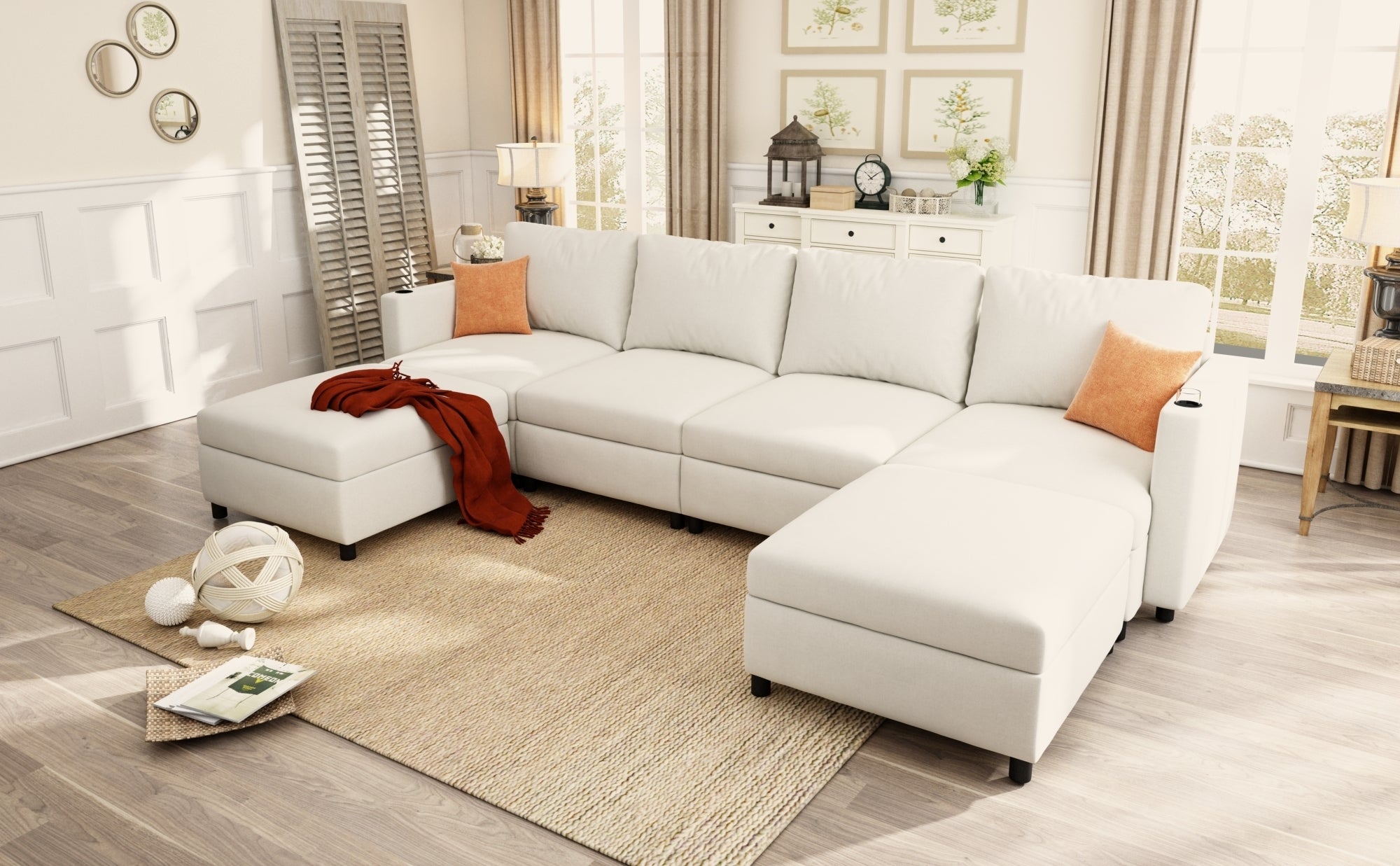 Large Sectional Couch with Storage, Sofa with Chaise- Beige