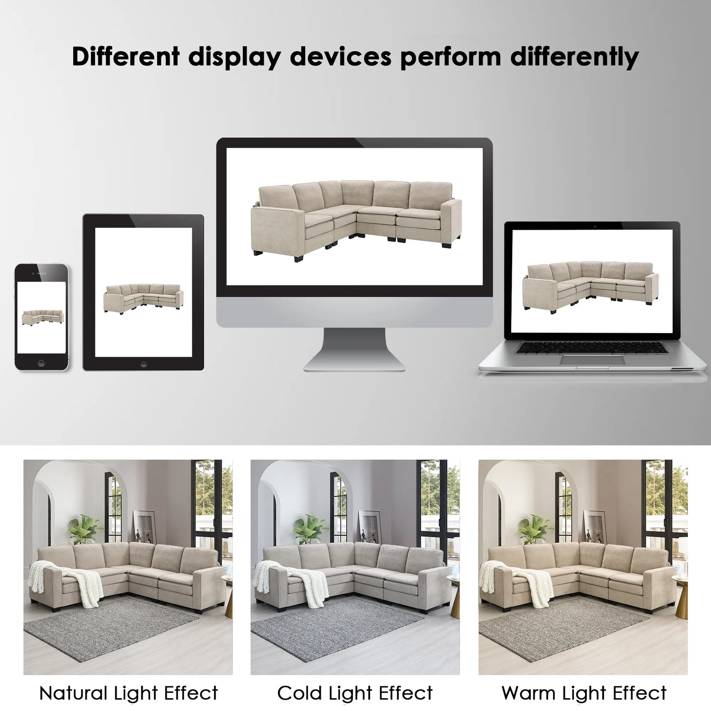 Corner Sectional Sofa, L-Shaped Comfy Couch, Khaki
