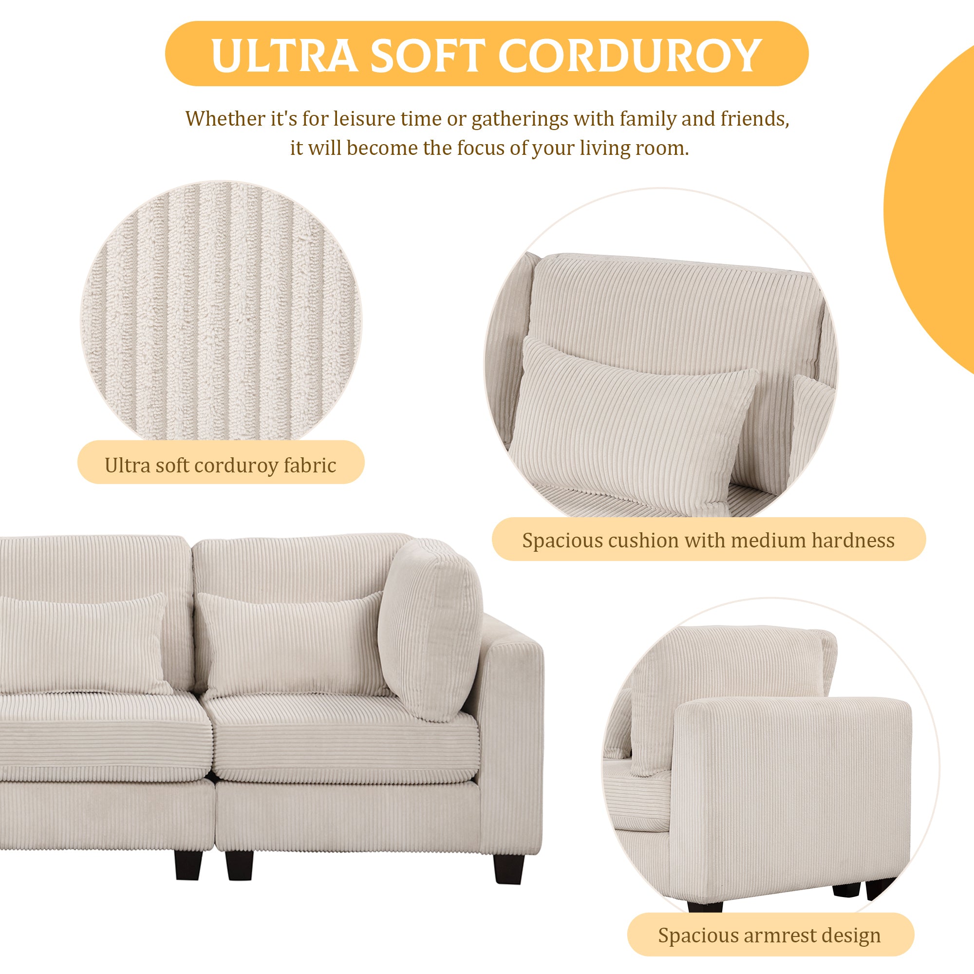 Louie Modular Sectional Sofa, Corduroy Couch with Ottoman - Beige