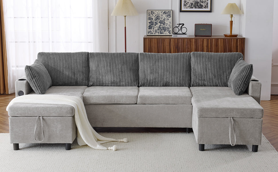 Corduroy Couch with Chaise Sleeper, Sectional Sofa Pull-Out, Grey