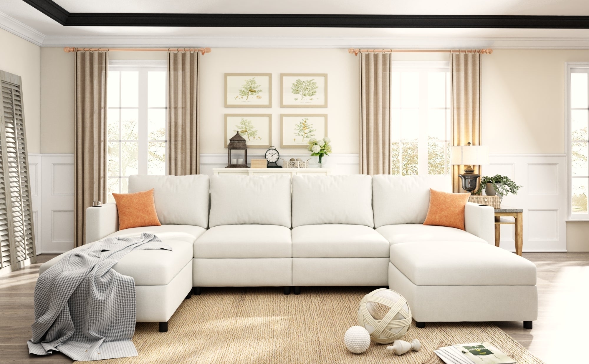 Large Sectional Couch with Storage, Sofa with Chaise- Beige