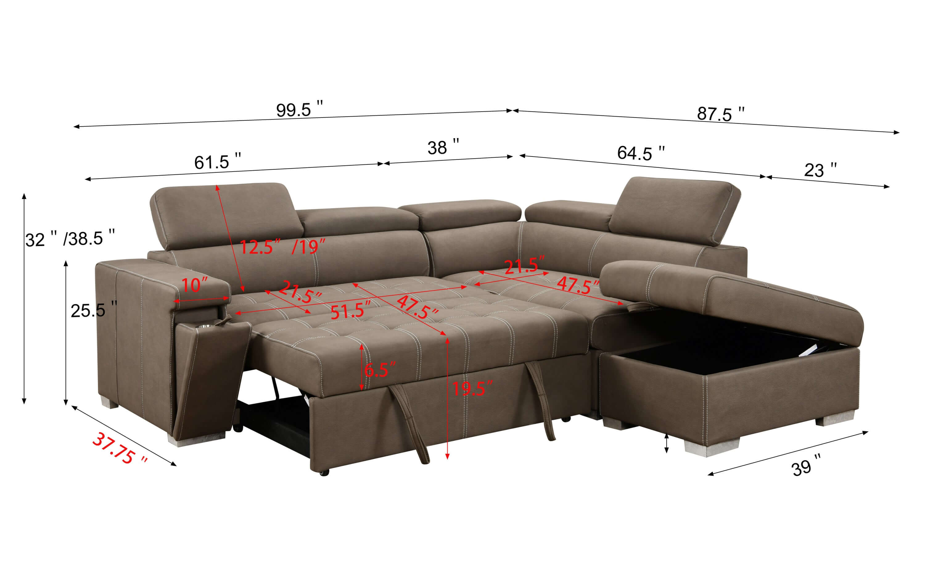 Louie L-Shaped Sofa Bed, Convertible Couch Pullout with Storage Chaise and Adjustable Headrest - Brown