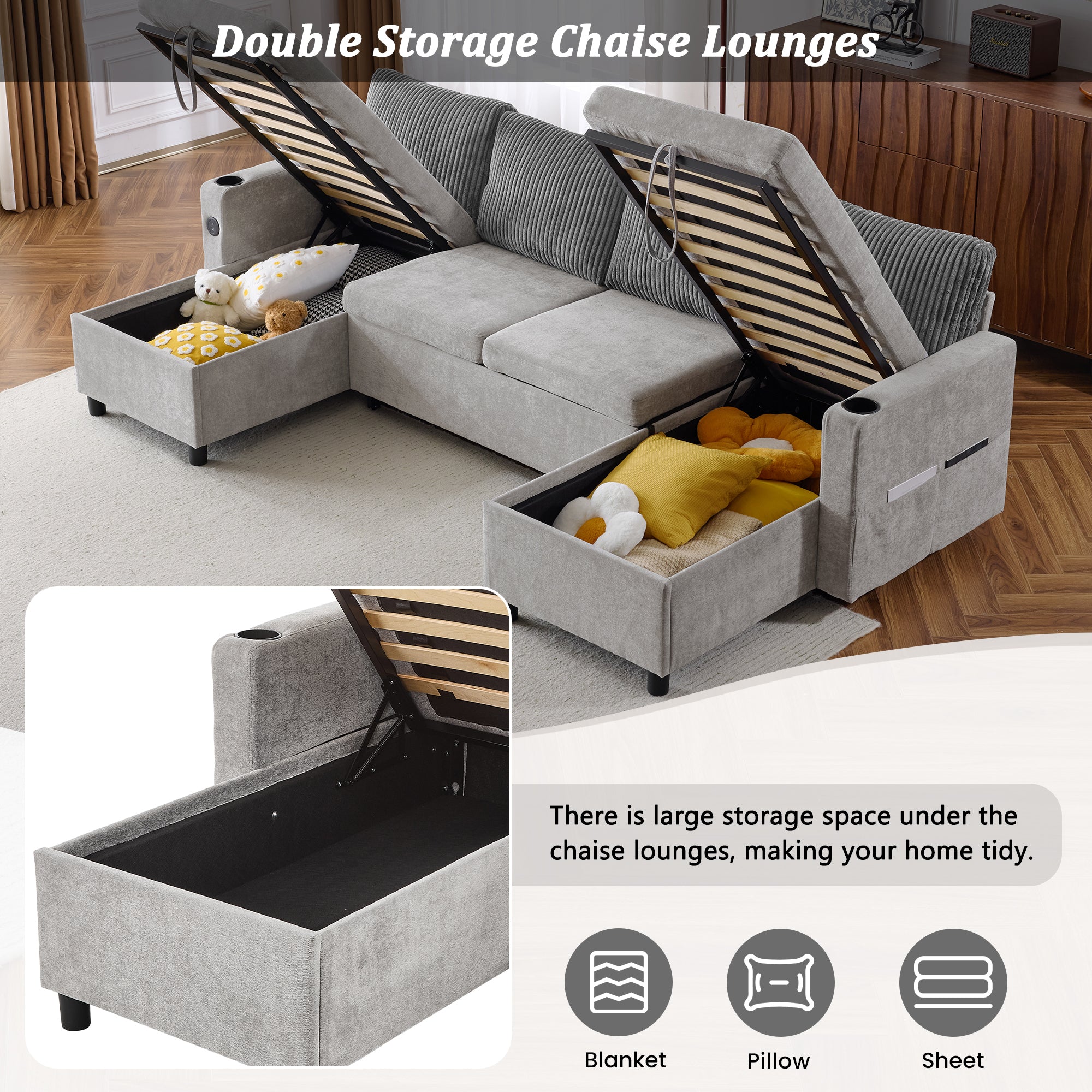 Corduroy Couch with Chaise Sleeper, Sectional Sofa Pull-Out, Grey