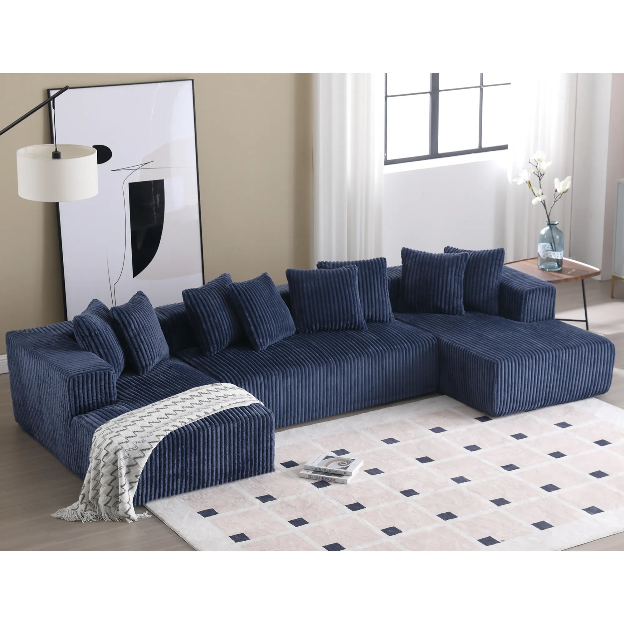 Modular U Shaped Sectional, Corduroy Couch with Double Chaise, Blue